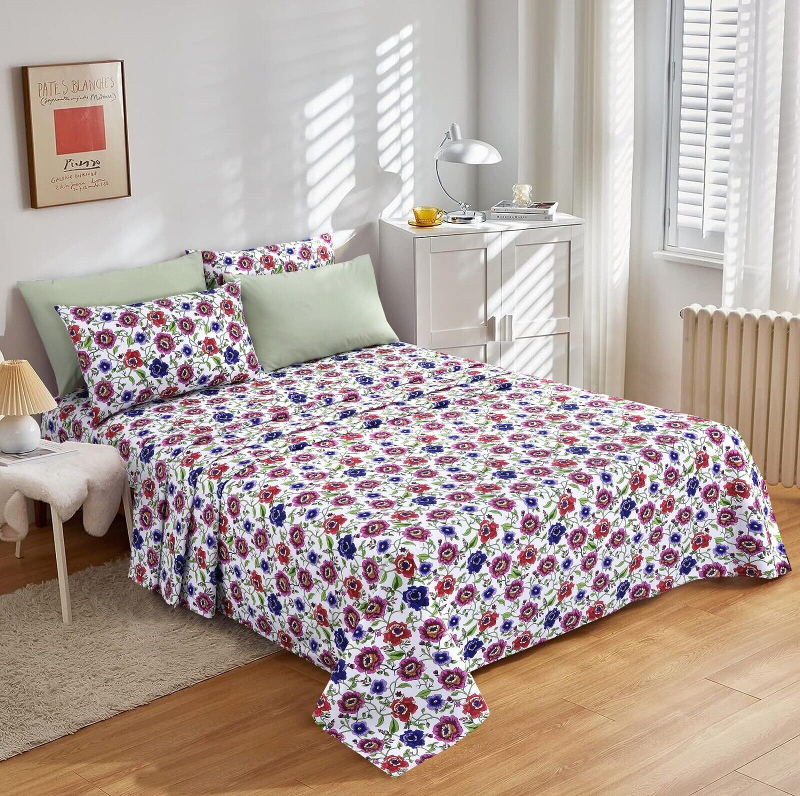 Full Size Blue Floral Cotton Bed Sheet Set with Deep Pockets