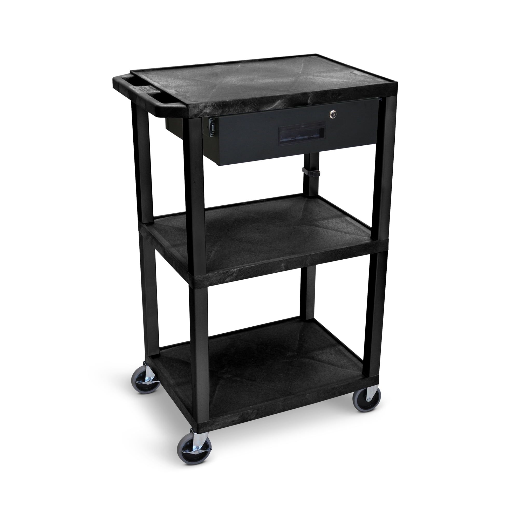 Black 42"H 3-Shelf Utility Cart with Locking Drawer and Electrical