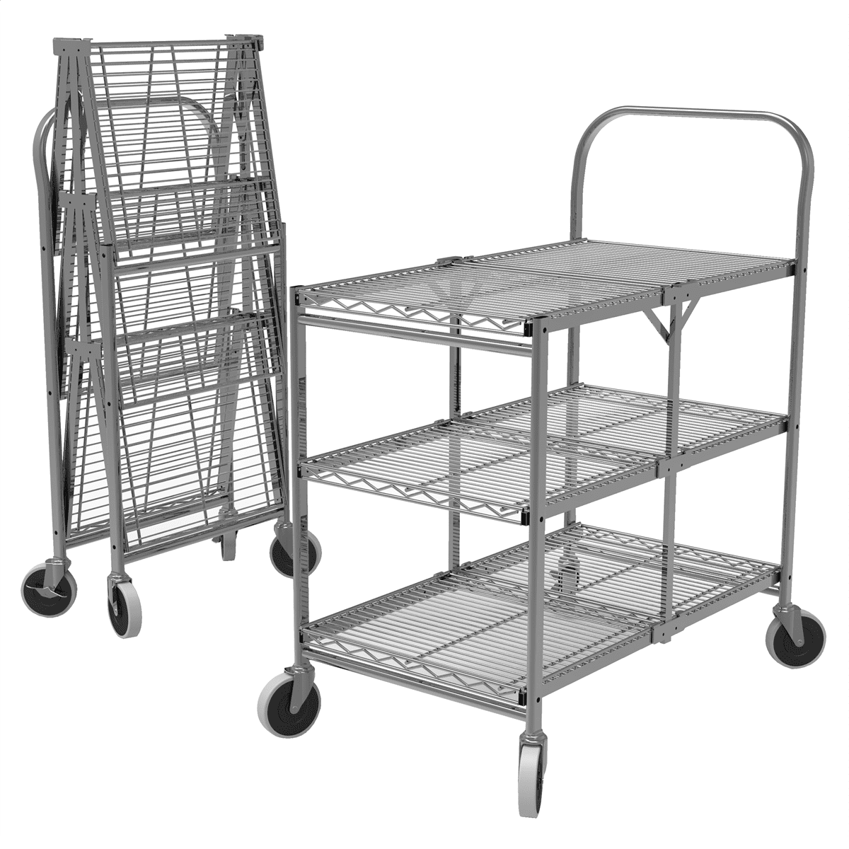 Chrome Three-Shelf Collapsible Steel Wire Utility Cart