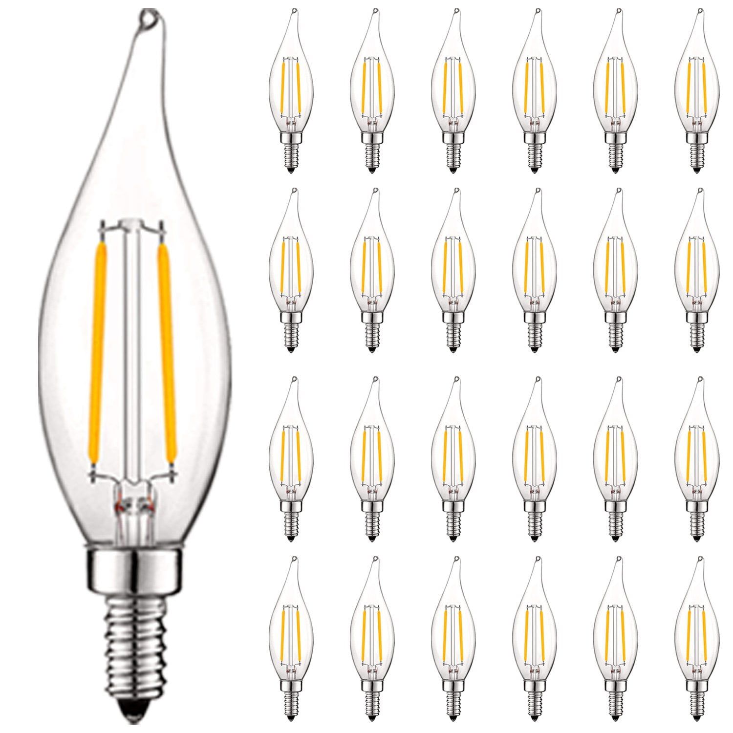 Vintage Clear Glass LED Candelabra Bulbs, Soft White, Flame Tip, 24-Pack