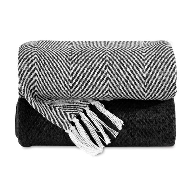 Handwoven Black and White Cotton Throw Blankets Set of 2