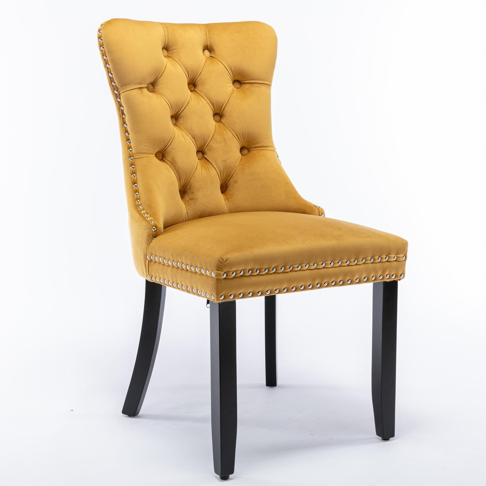 Golden Velvet Tufted Dining Chair with Wood Legs and Nailhead Trim