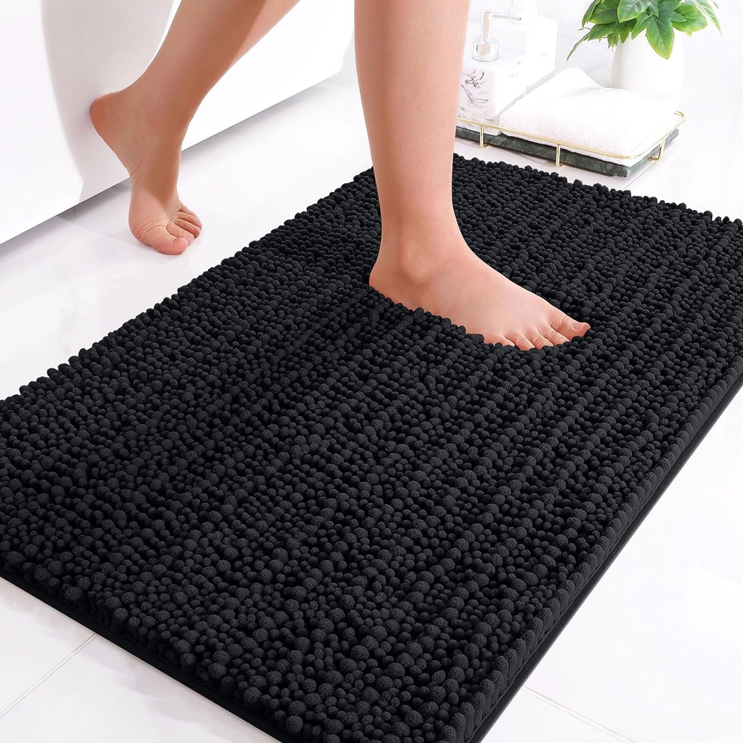 Black Chenille High Pile Non-Slip Bath Rug 24" x 16"