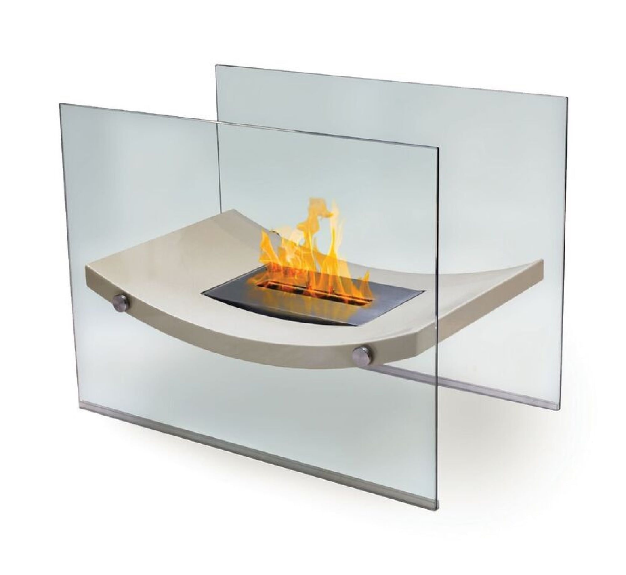 Beige Curved Glass and Metal Floor Standing Fireplace