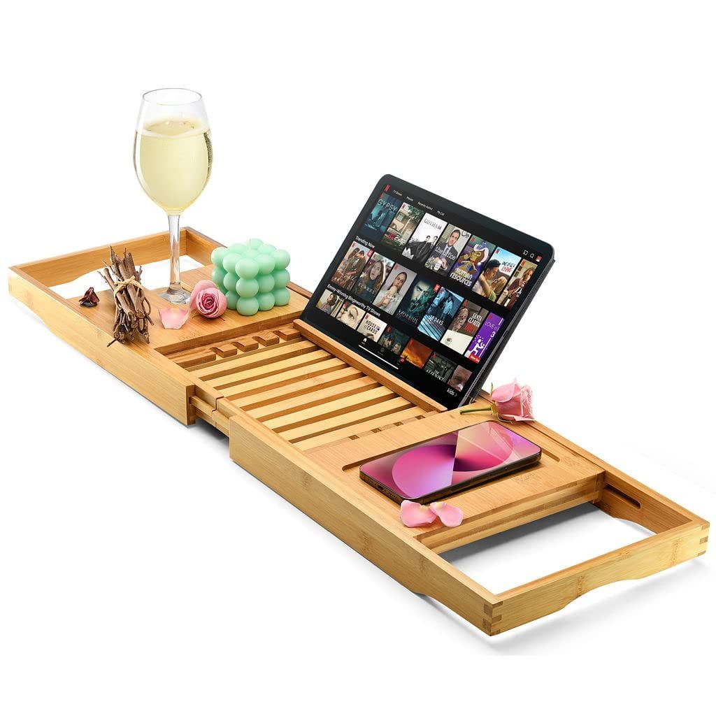 Expandable Bamboo Bathtub Tray Caddy with Wine Holder