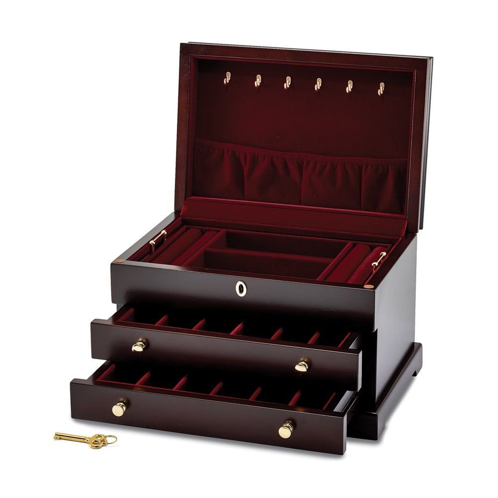 Mahogany Finish Wooden Jewelry Box with Lock and Drawers