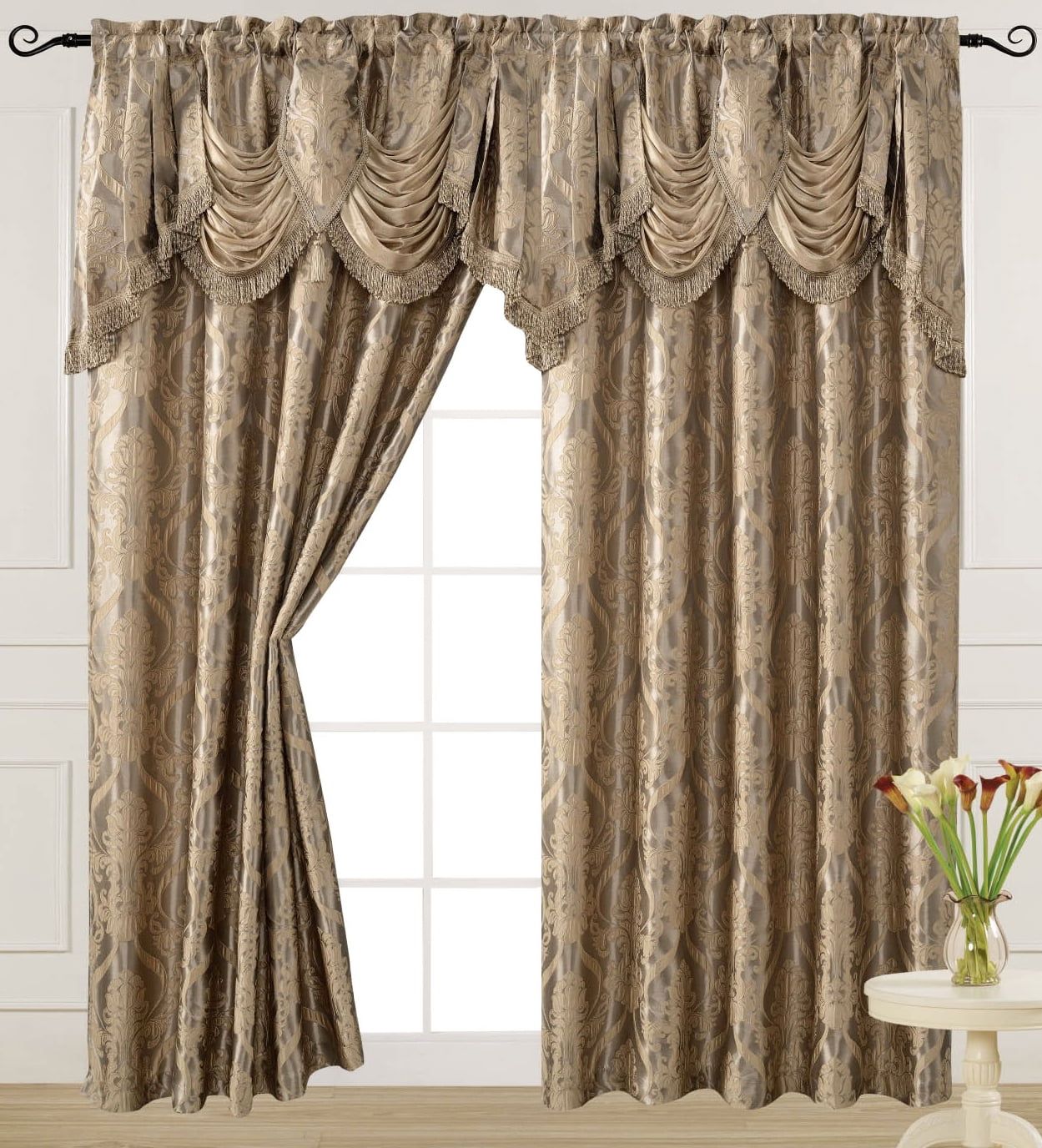 Light Taupe Jacquard Curtain Panel with Waterfall Valance, 54 x 84 Inch