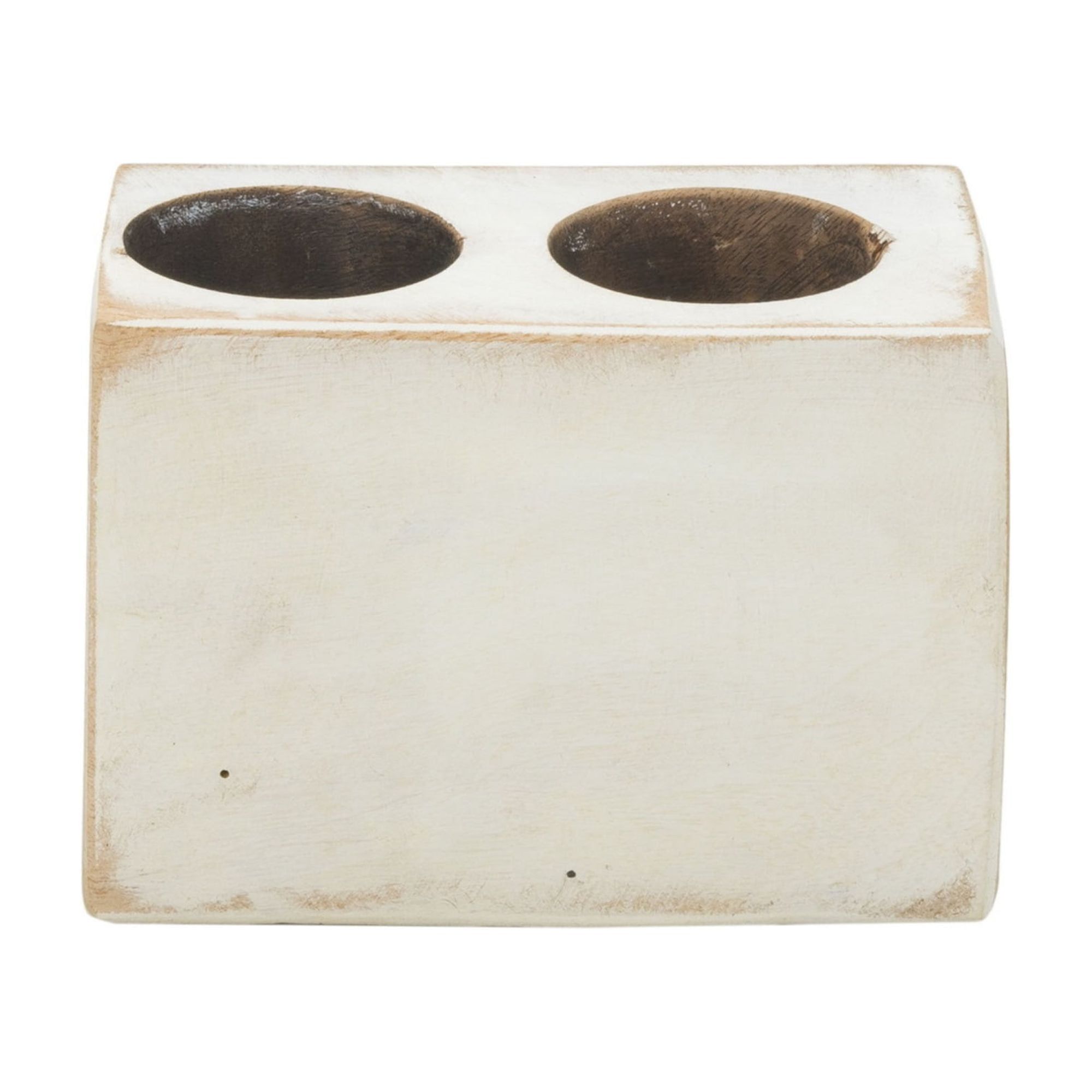 Winter White Distressed Wood 2-Hole Tabletop Candle Holder