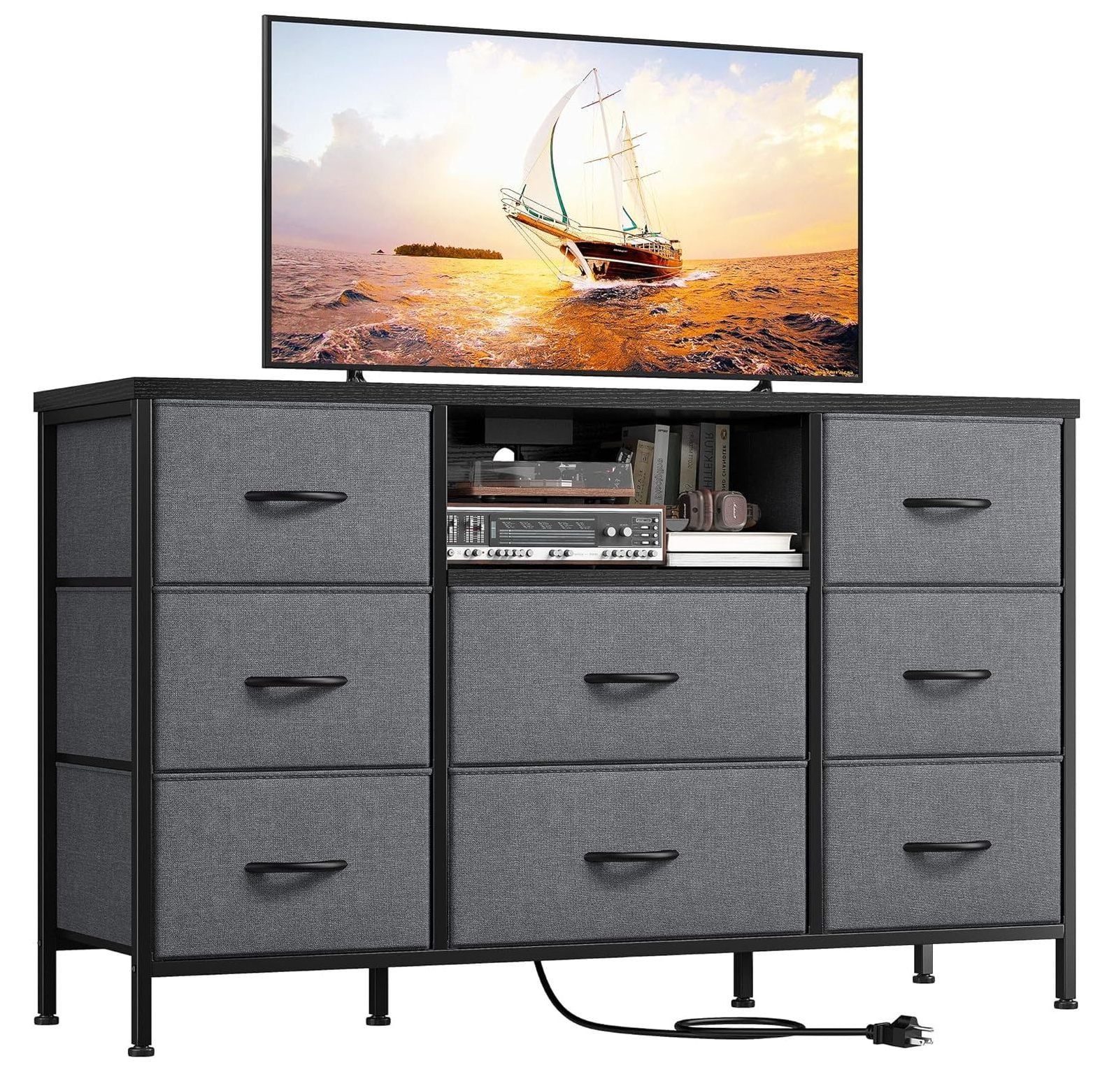 Gray 8-Drawer TV Stand with LED Lights and Power Outlets