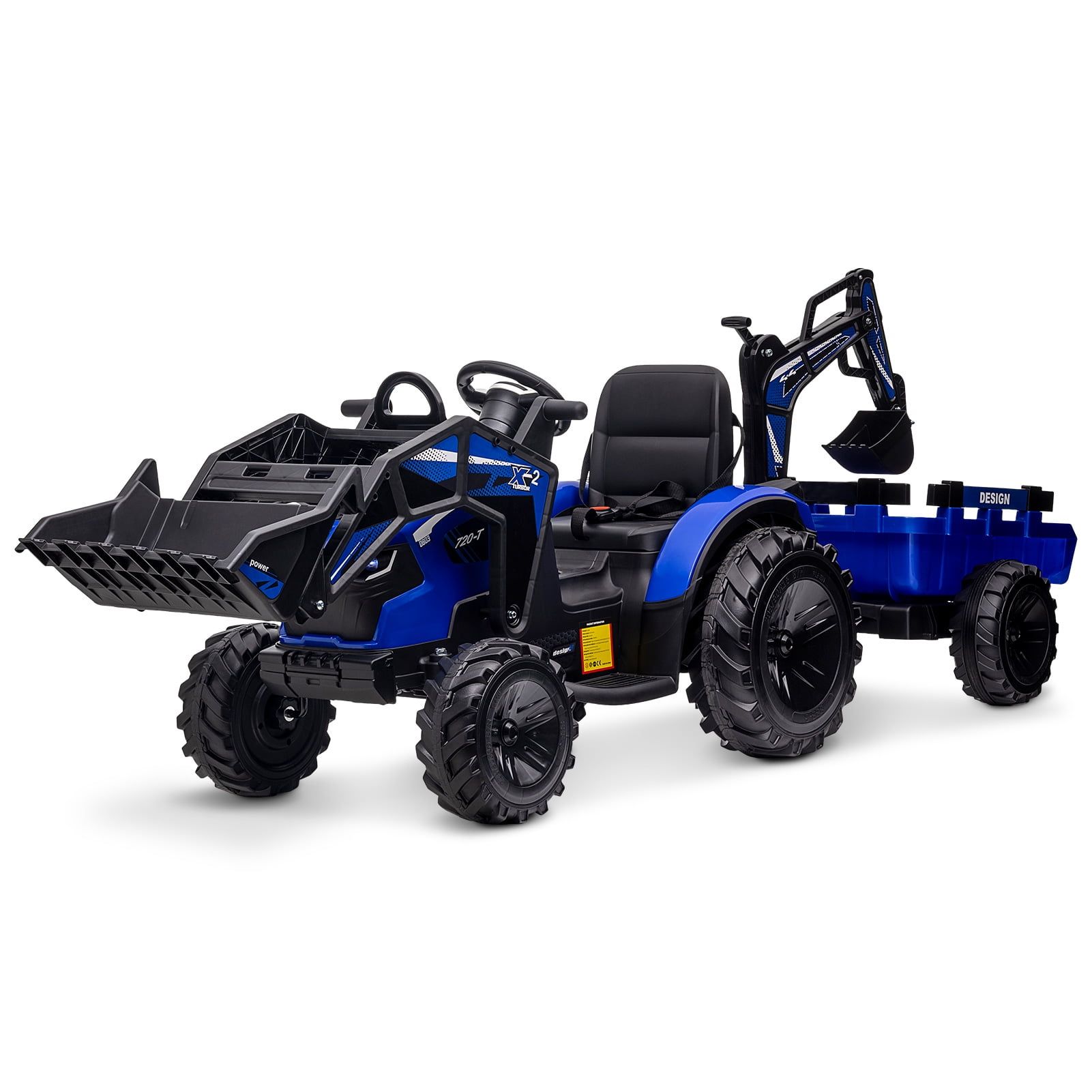 Blue 24V 3-in-1 Ride-On Tractor with Trailer and Shovel