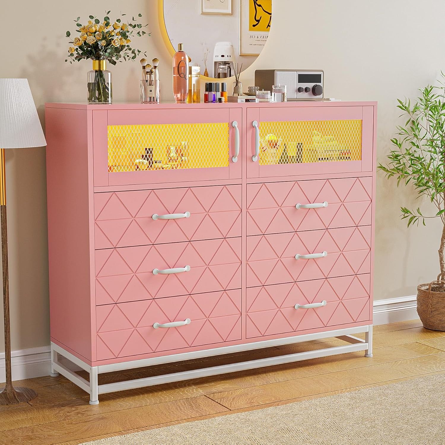 Pink Double Dresser with LED Lights and Charging Station