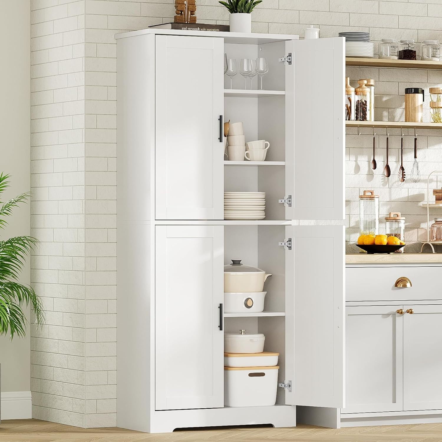 White Tall Freestanding Kitchen Pantry Cabinet with Shelves