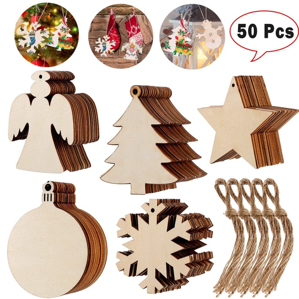 50-Piece Natural Wood Christmas Ornament Kit with Strings