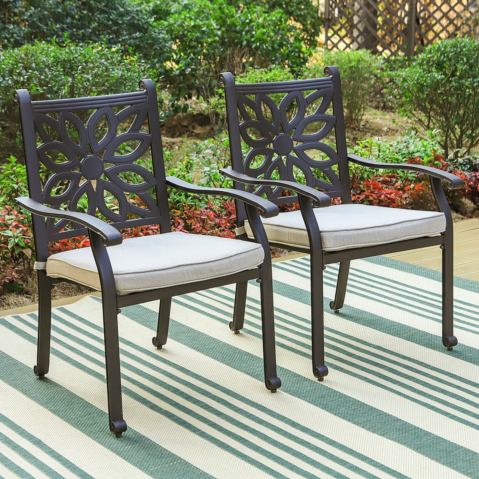 Bronze Cast Aluminum Outdoor Dining Set with Beige Cushions