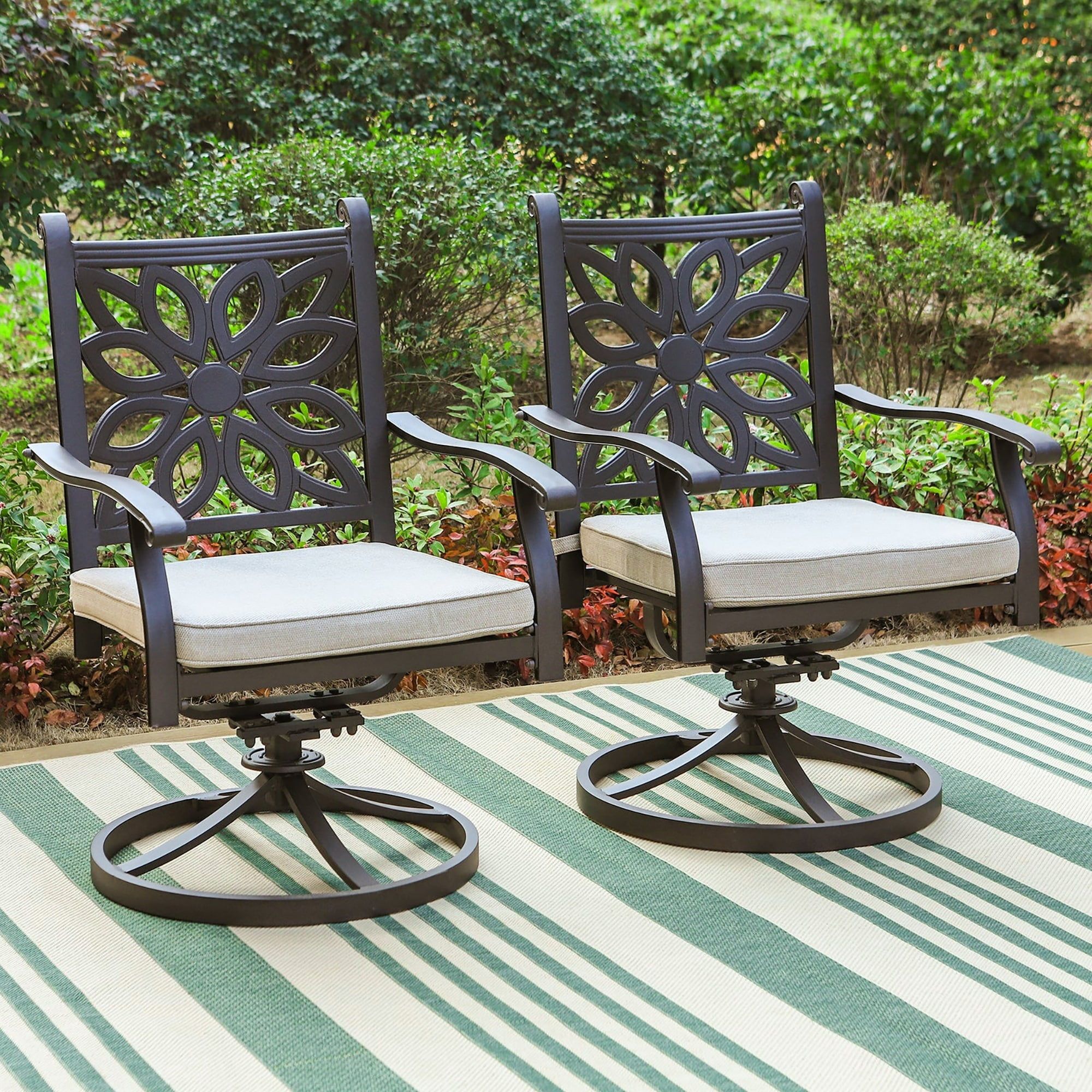 Bronze Finish Cast Aluminum Swivel Patio Chairs with Beige Cushions