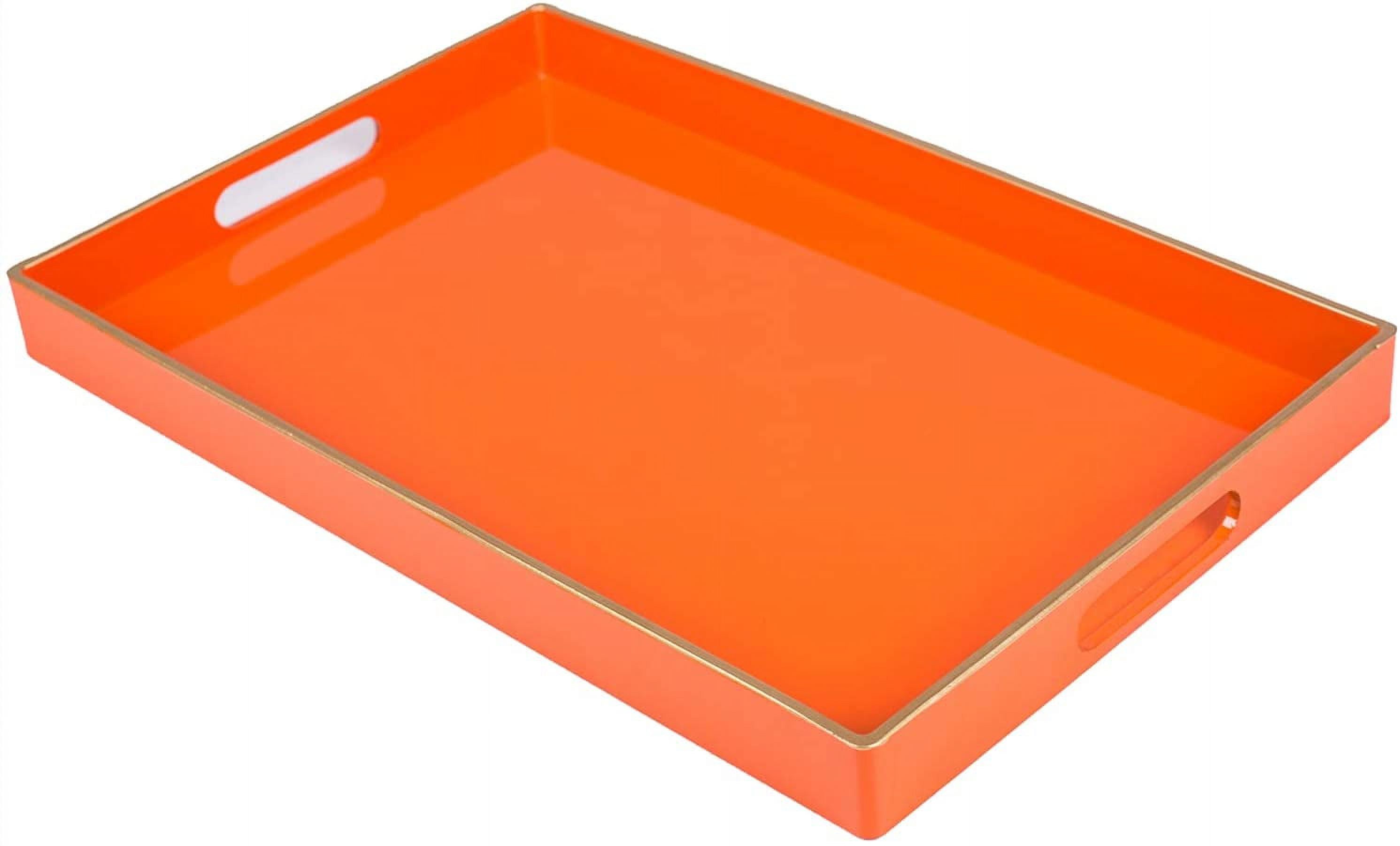 Orange Plastic Square Serving Tray with Handles and Gold Trim