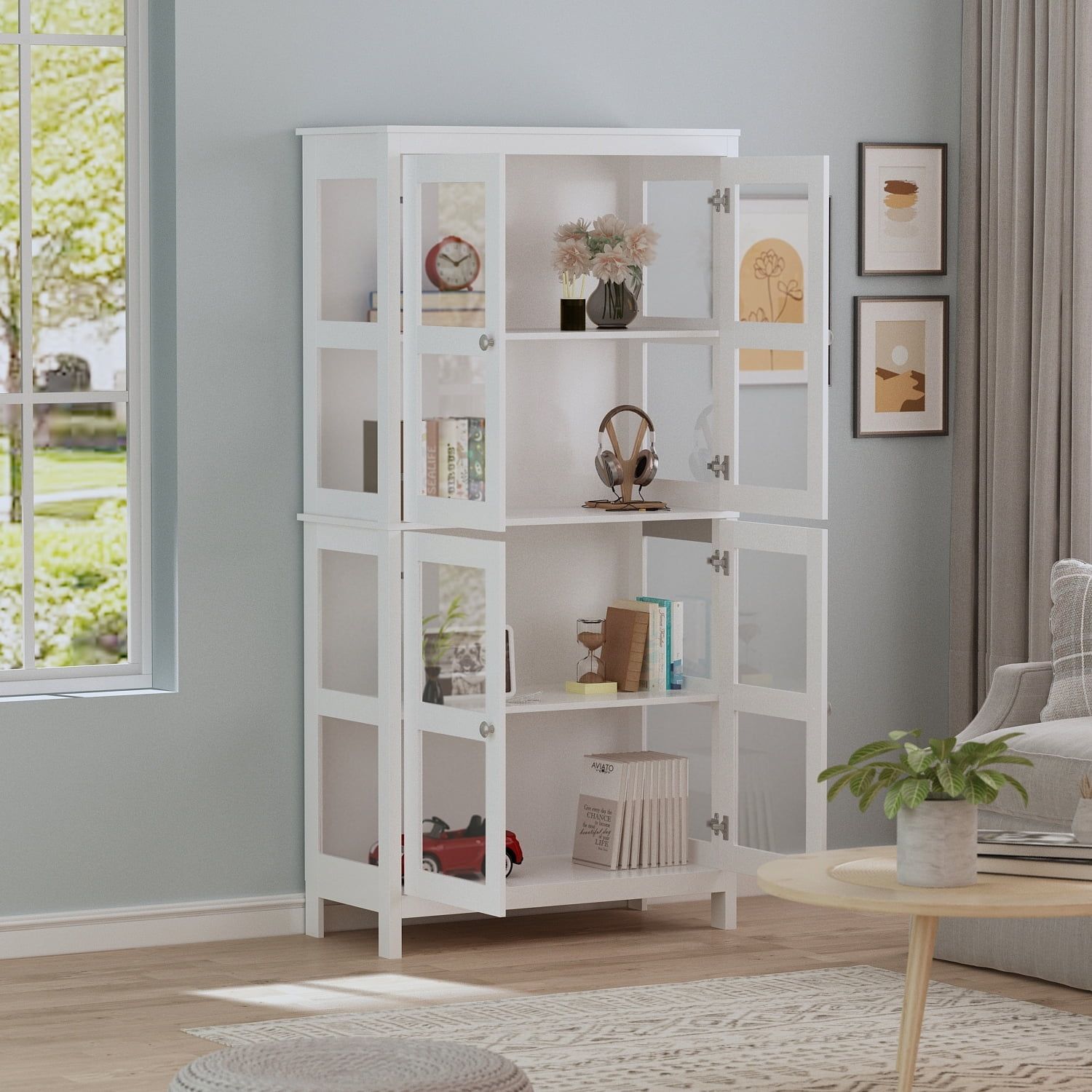 White Adjustable Particle Board Bookcase with Acrylic Doors