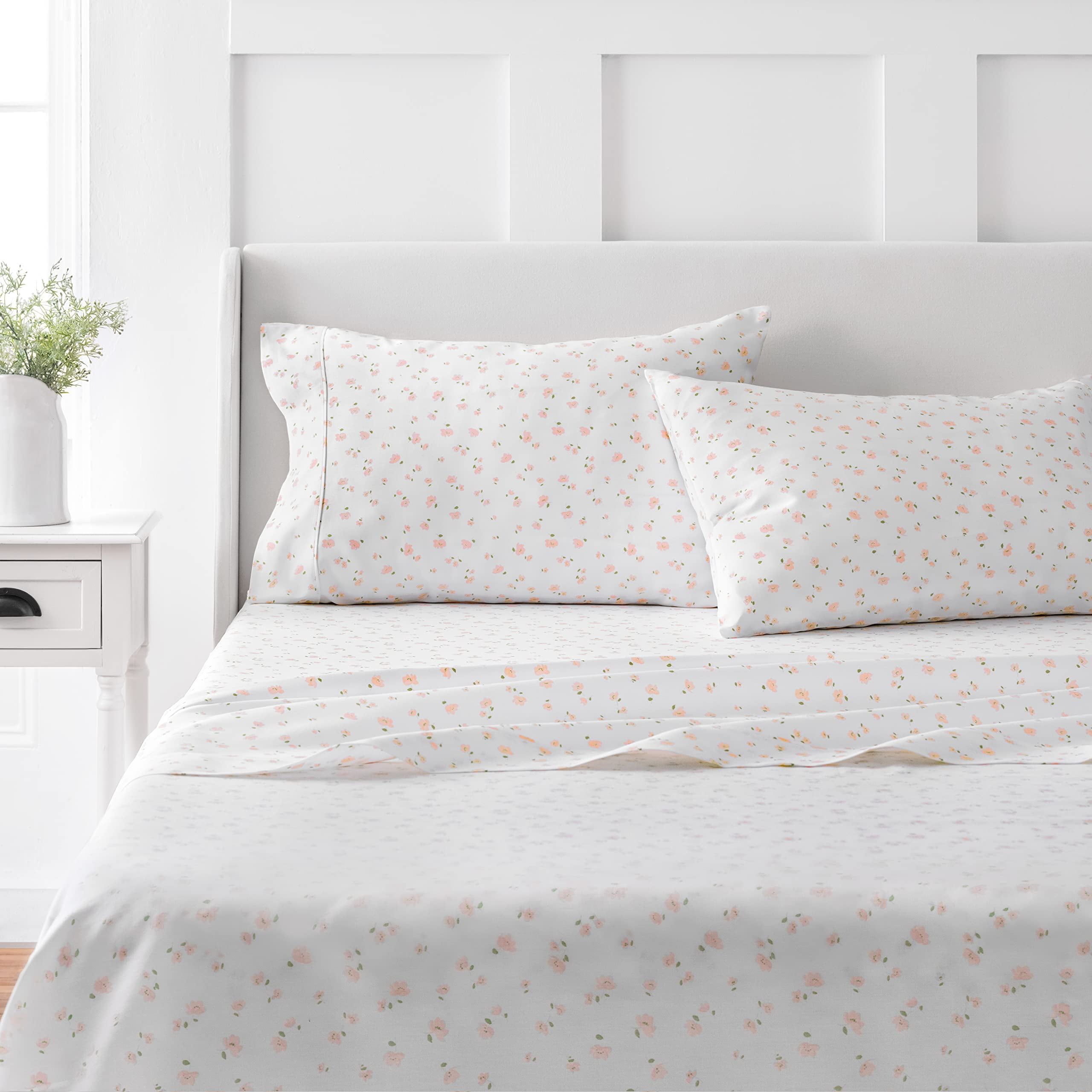 White Egyptian Cotton Queen Sheet Set with Floral Print