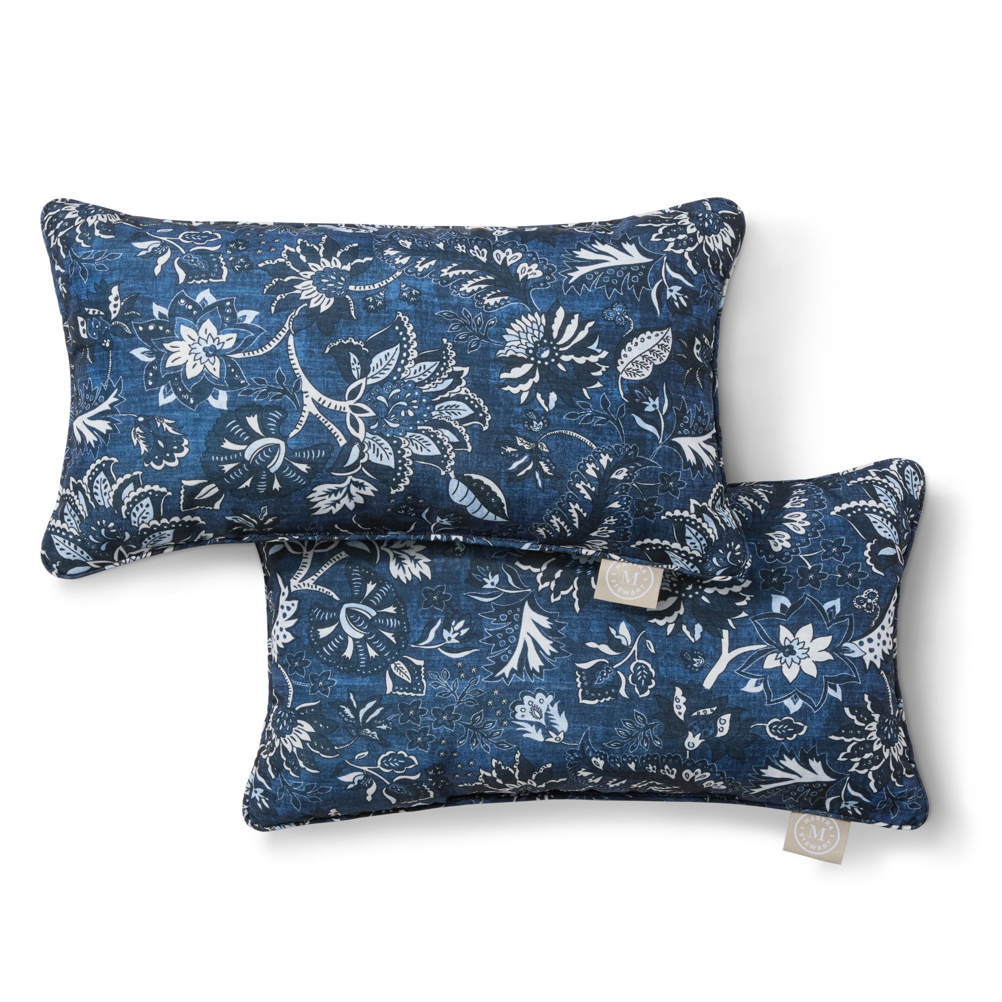 Navy Blue Floral Polyester Indoor/Outdoor Lumbar Pillow Set