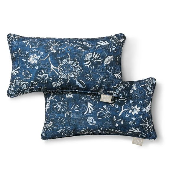 Navy Blue Floral Polyester Indoor/Outdoor Lumbar Pillow Set