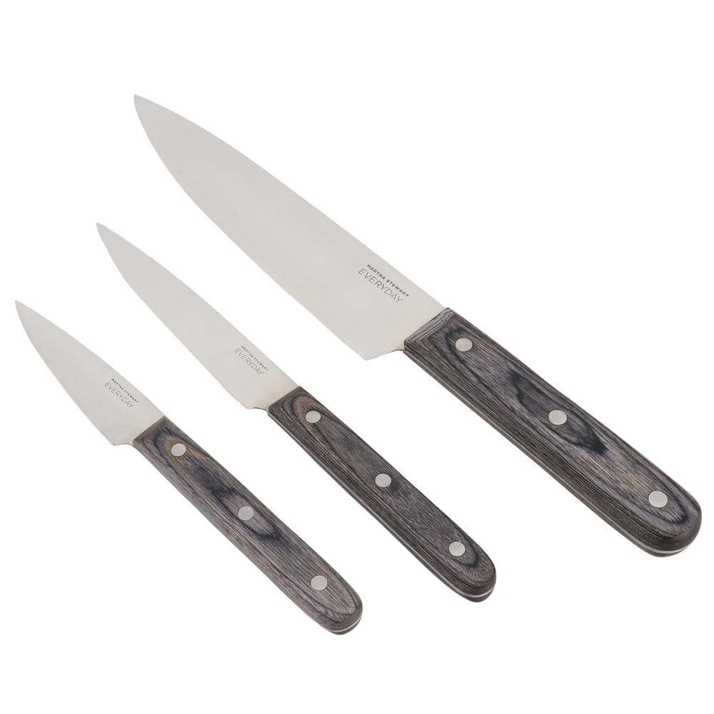 Dark Grey High-Carbon Steel 3-Piece Knife Set with Wood Handles