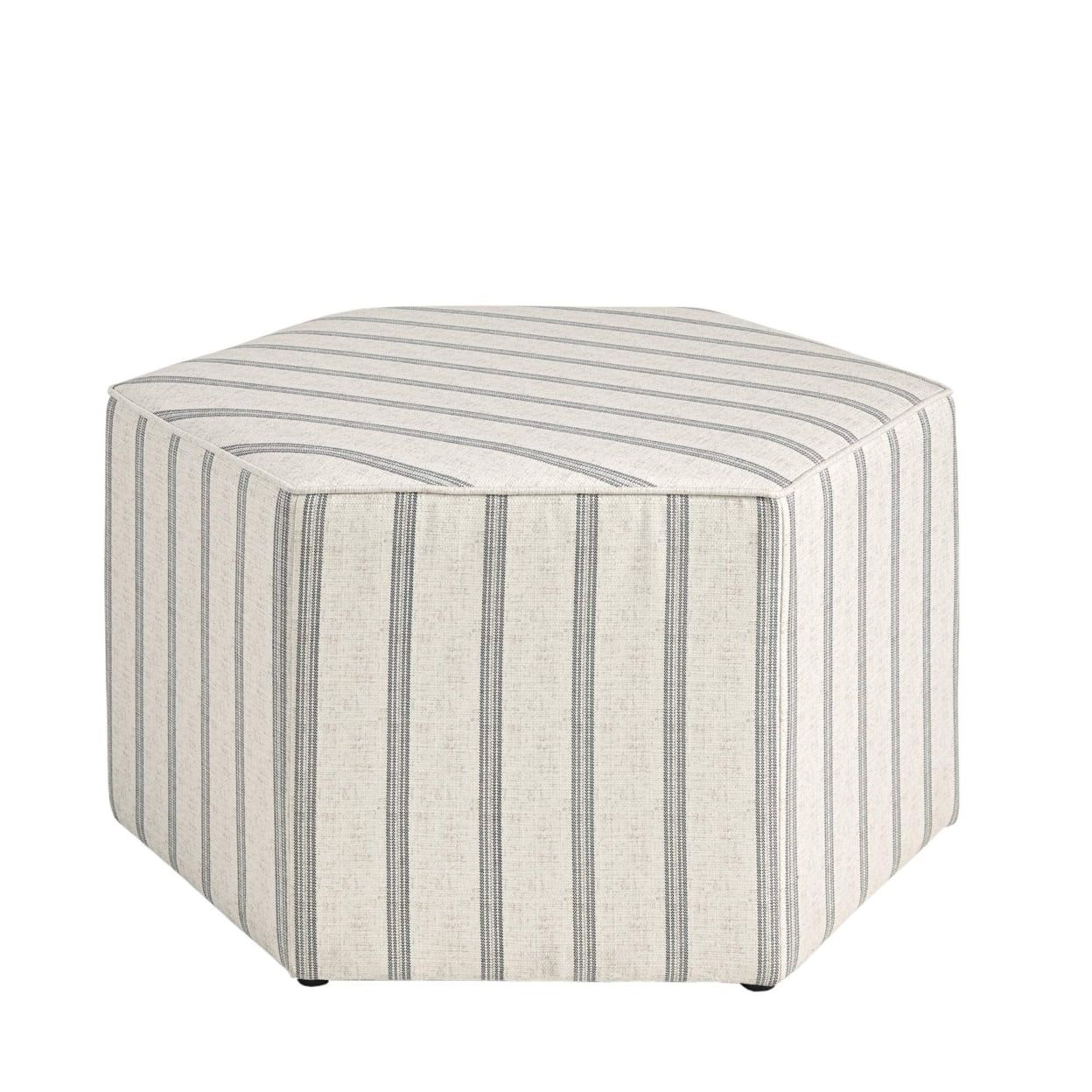 Hexagonal Cream and Gray Striped Upholstered Ottoman