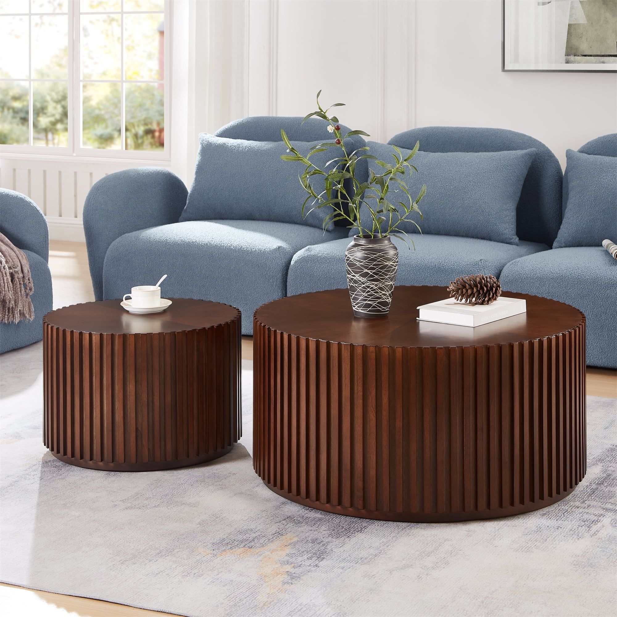 Walnut Round Wooden Nesting Coffee Table Set of 2