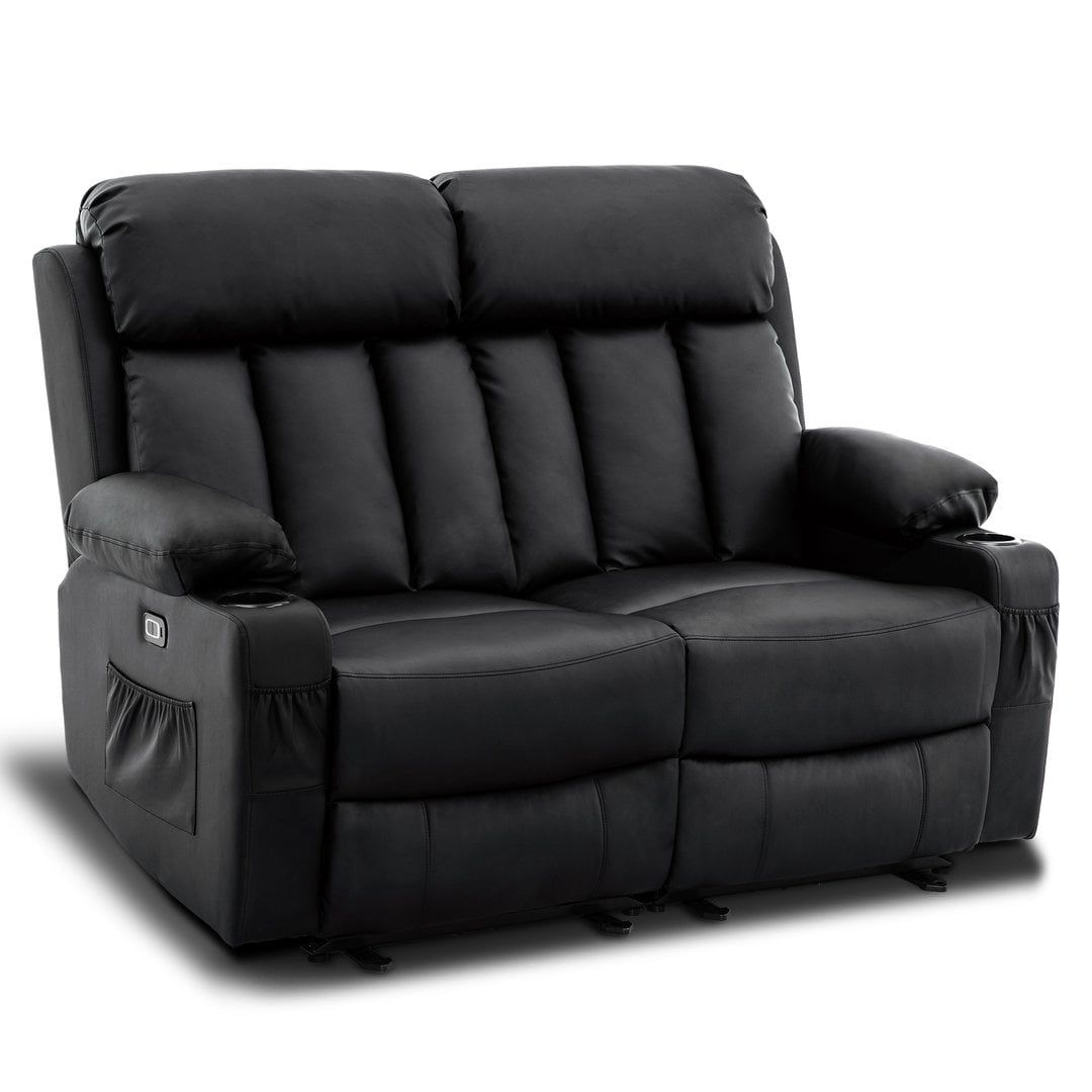 Black Faux Leather Reclining Loveseat with Cup Holder