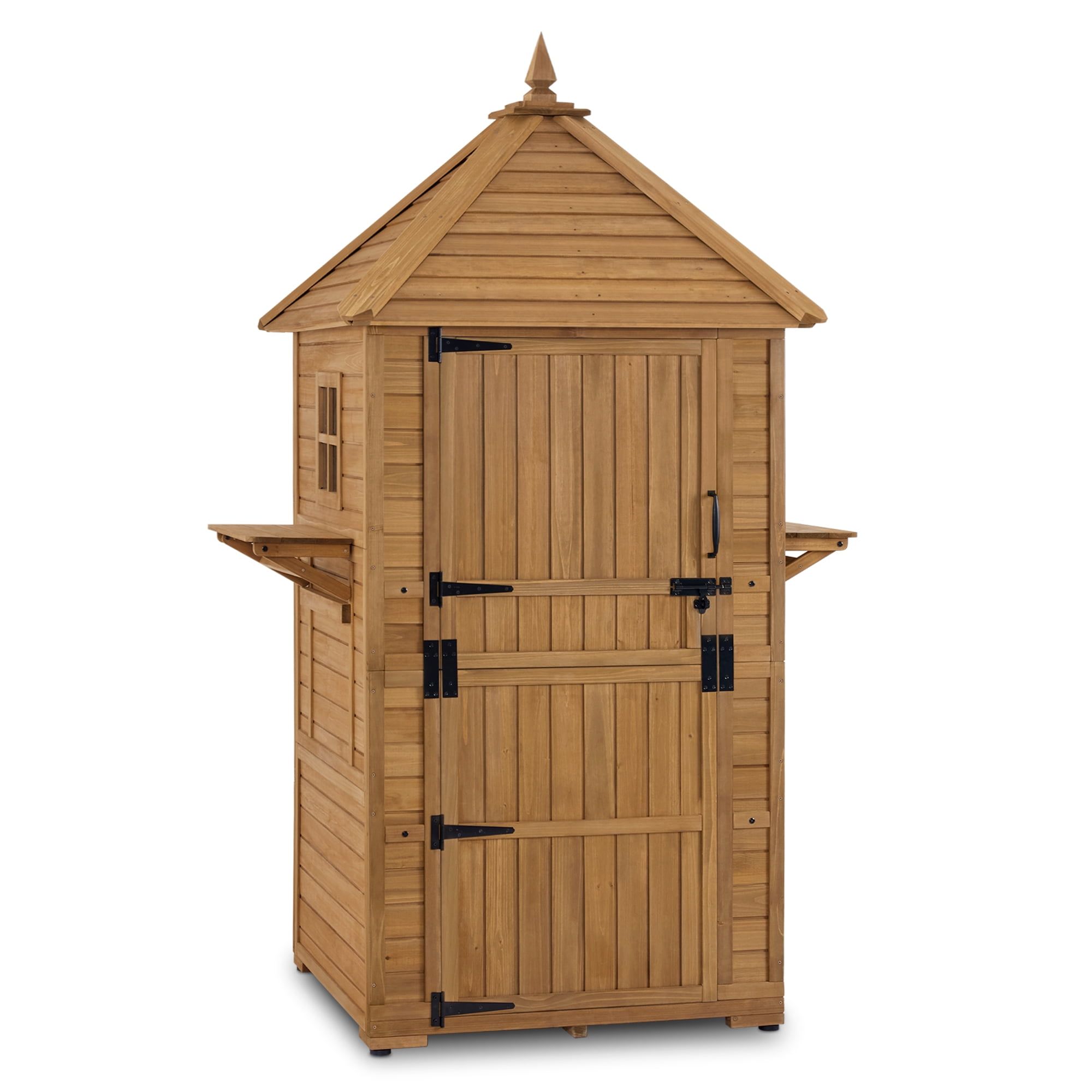 Natural Fir Wood Tall Outdoor Storage Shed with Shelves and Foldable Tables