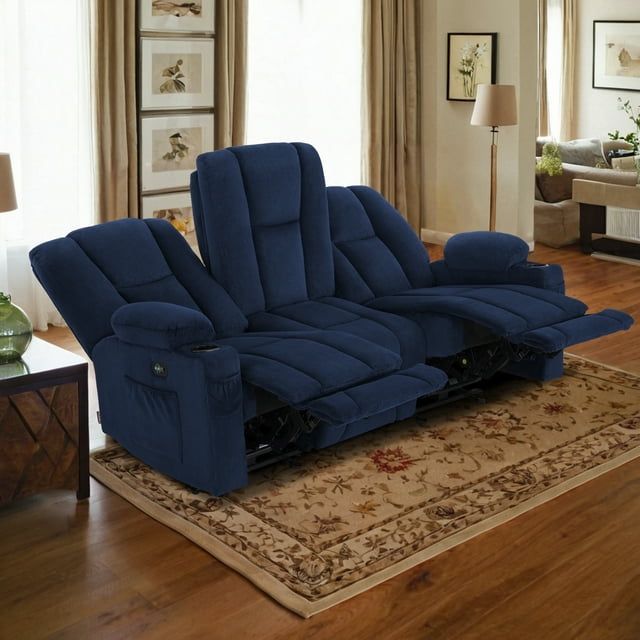 Navy Blue Fabric Power Reclining Sofa with Cup Holder