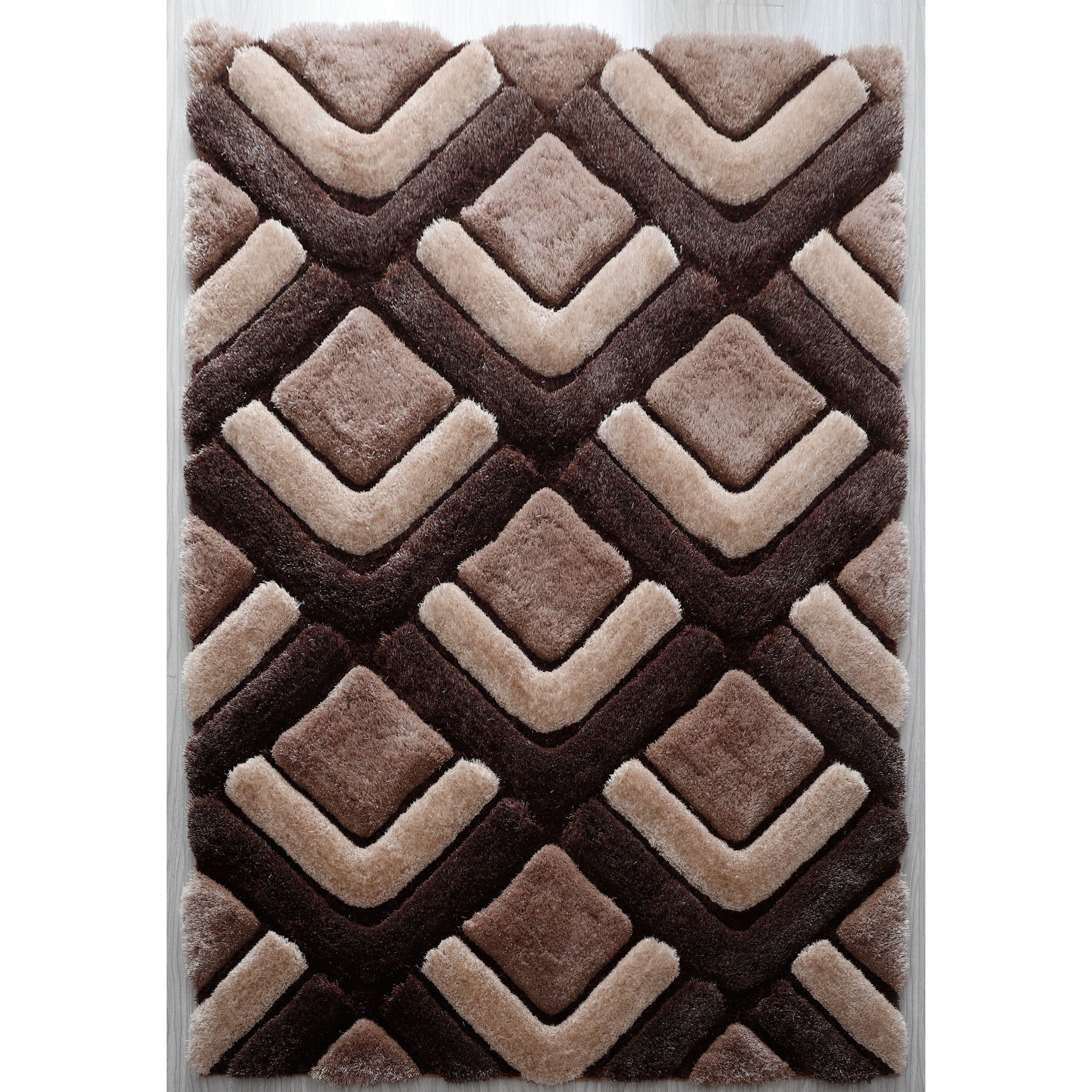 Mateos Brown and Cream Geometric Shag Rug 4' x 6'