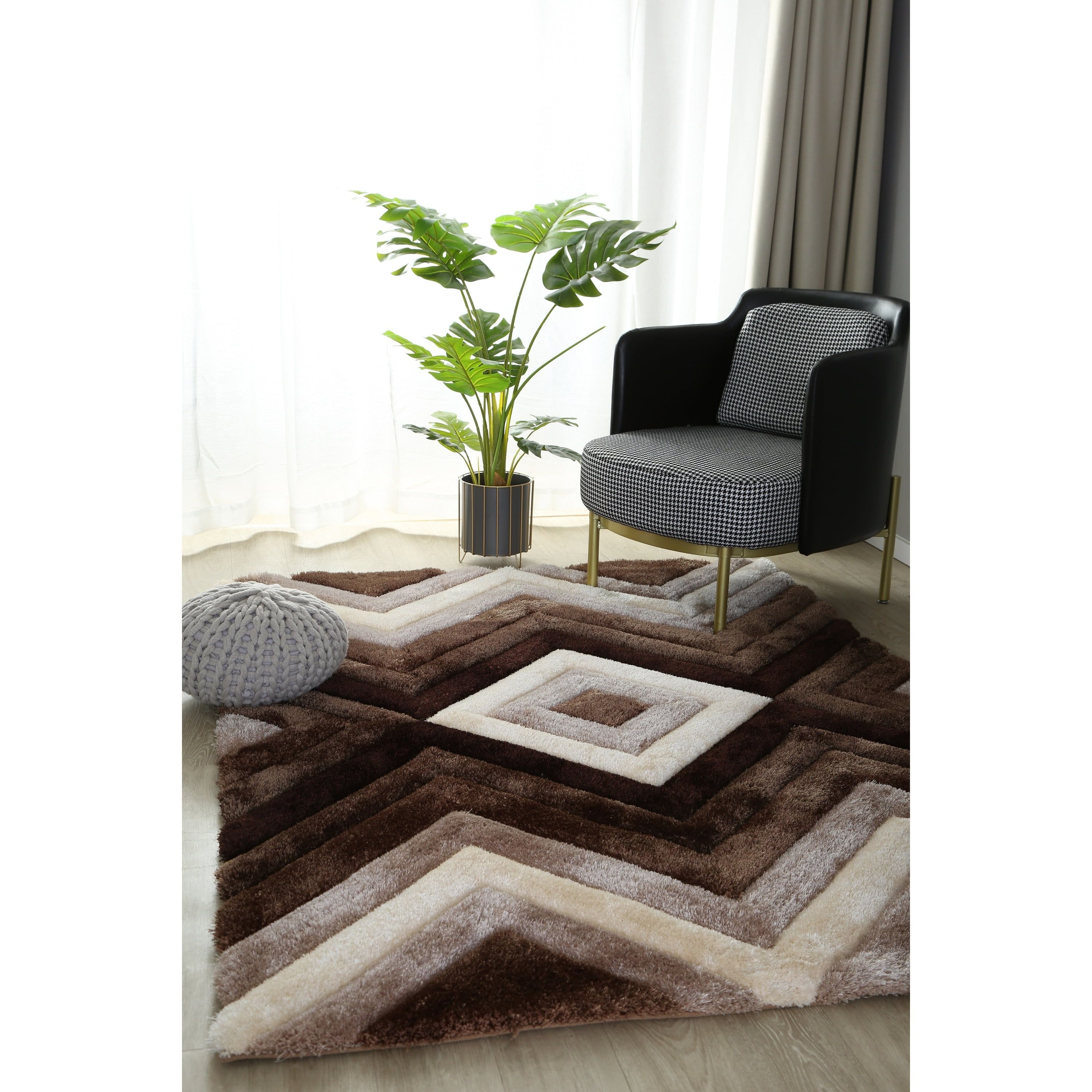 Mateos Contemporary Brown Geometric Shag Rug 8' x 10'