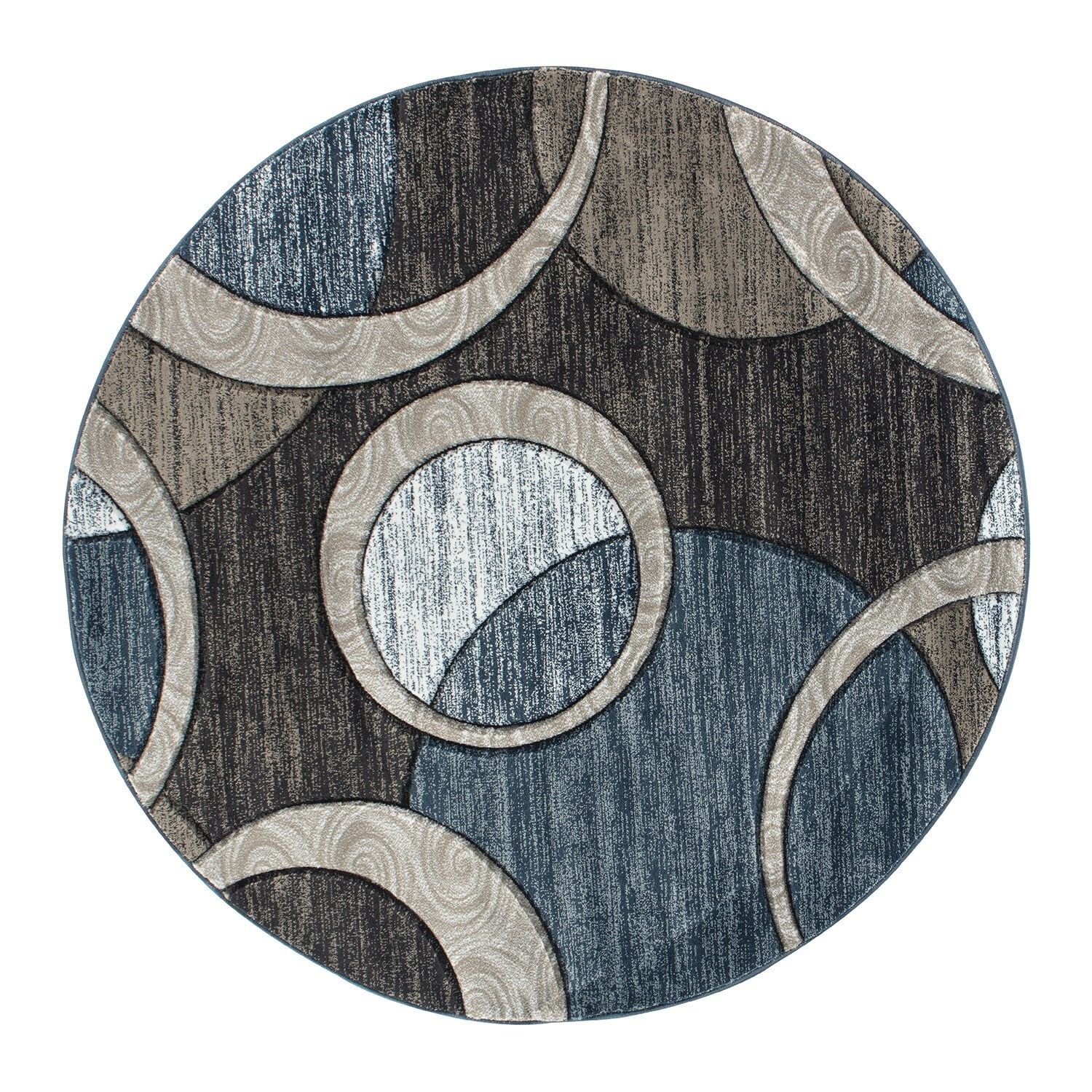 Geometric Circles 5' Round Area Rug in Gray and Brown, Stain-Resistant Synthetic