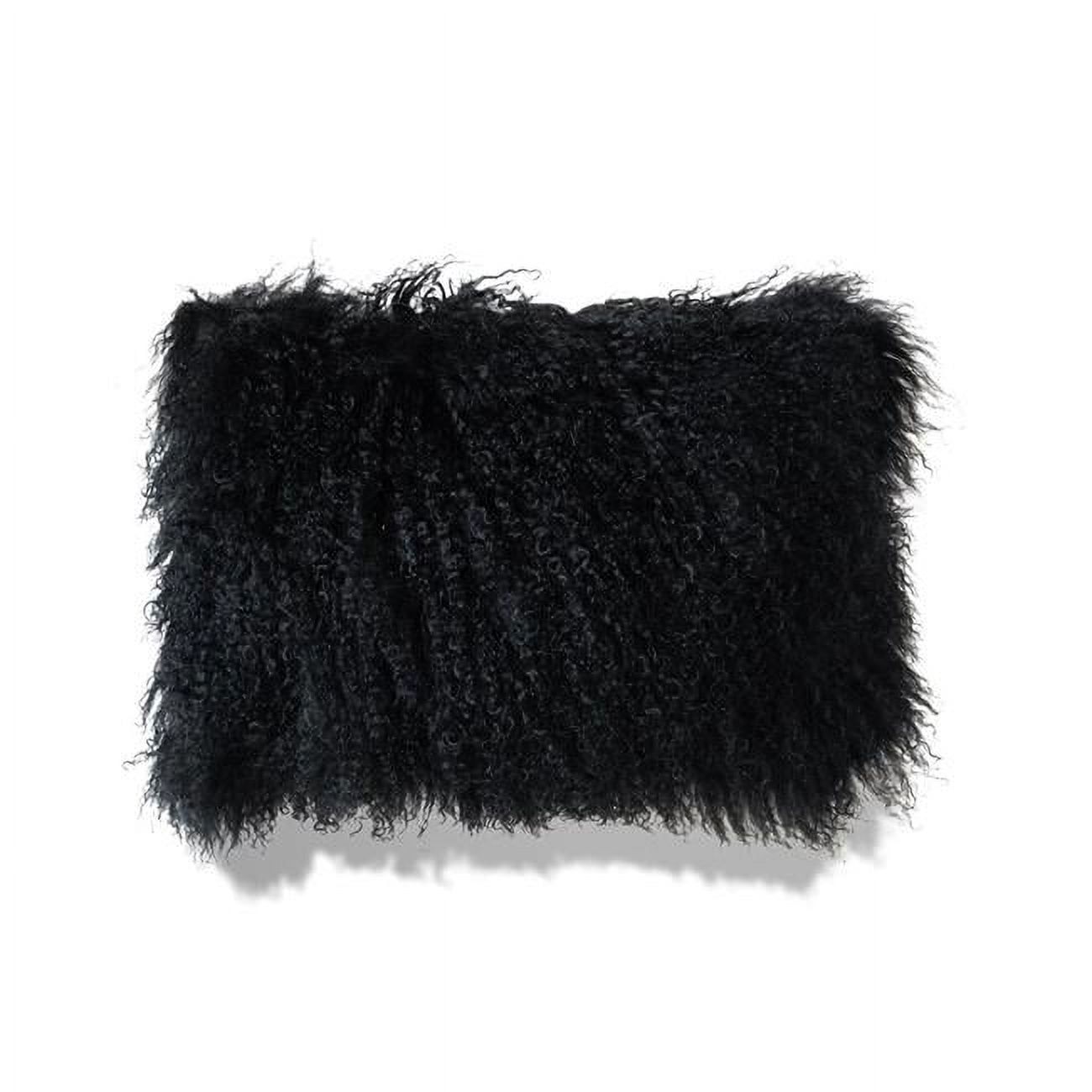 Black Wool Mongolian Lamb Fur Rectangular Throw Pillow