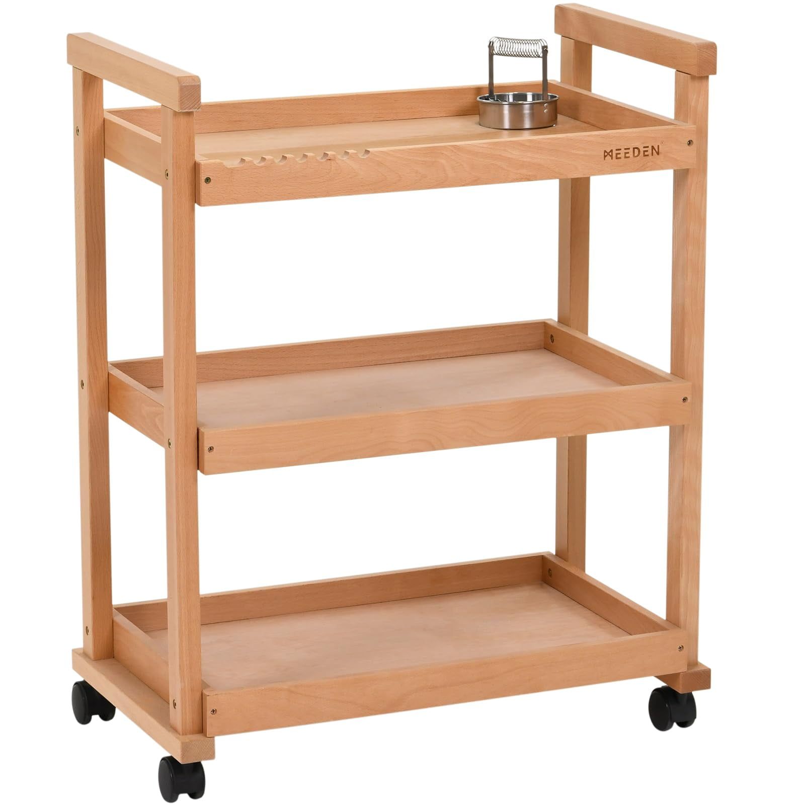 Solid Beechwood 3-Tier Art Storage Cart with Wheels