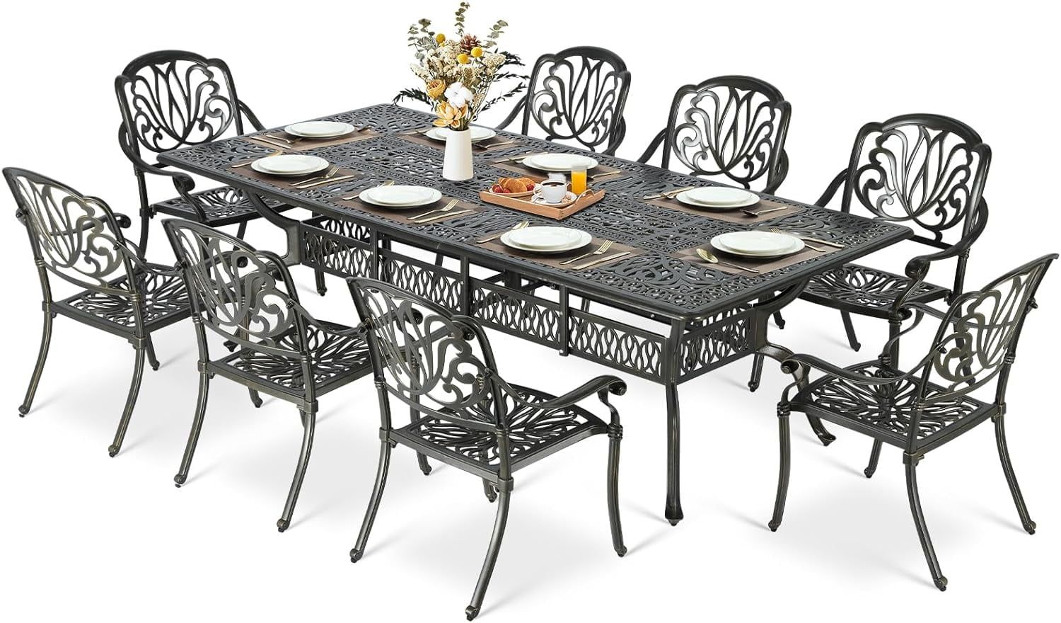 Dark Bronze 9-Piece Cast Aluminum Outdoor Dining Set with Umbrella Hole