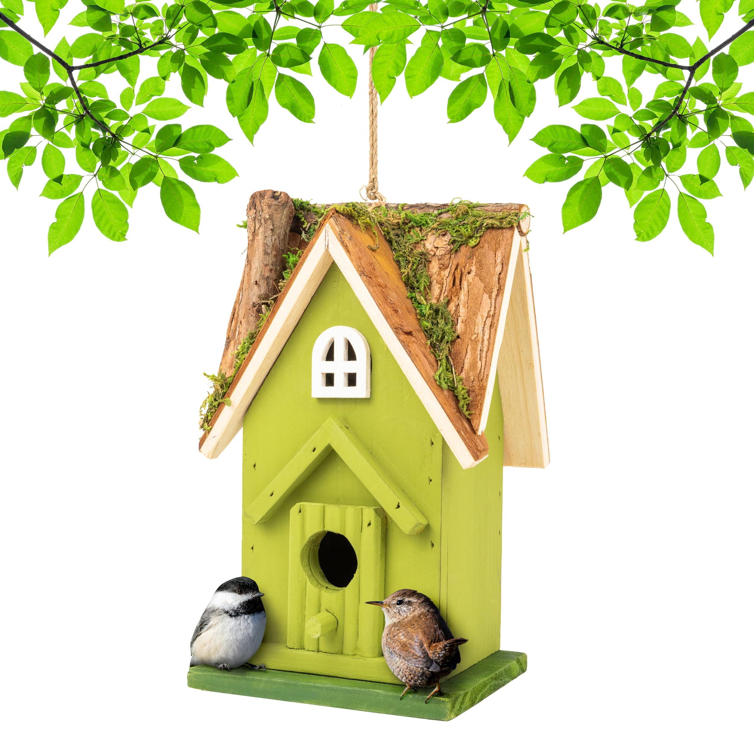 Rustic Green Handcrafted Wooden Birdhouse with Moss Detail