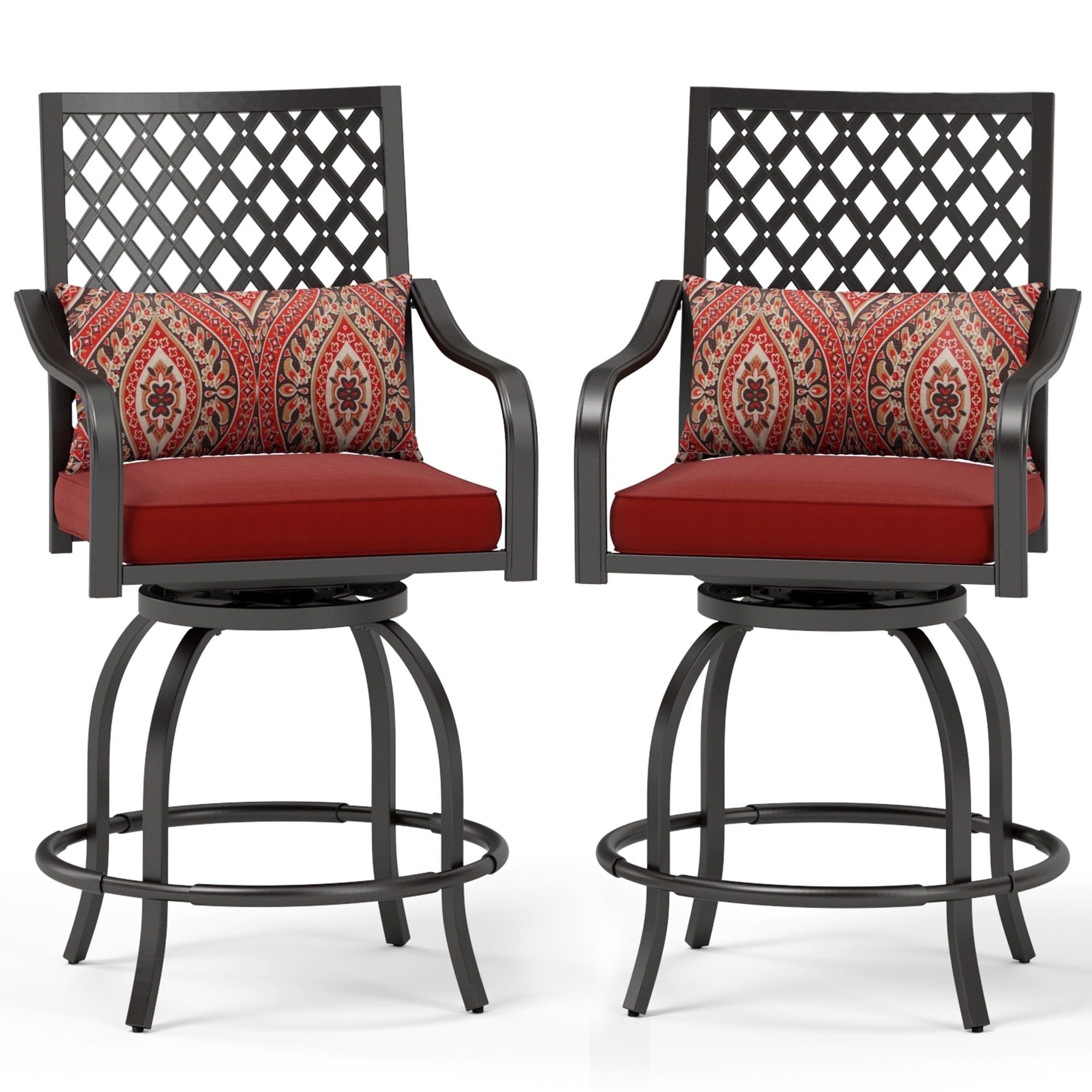 Red Cushioned Black Metal Outdoor Swivel Bar Stools, Set of 2