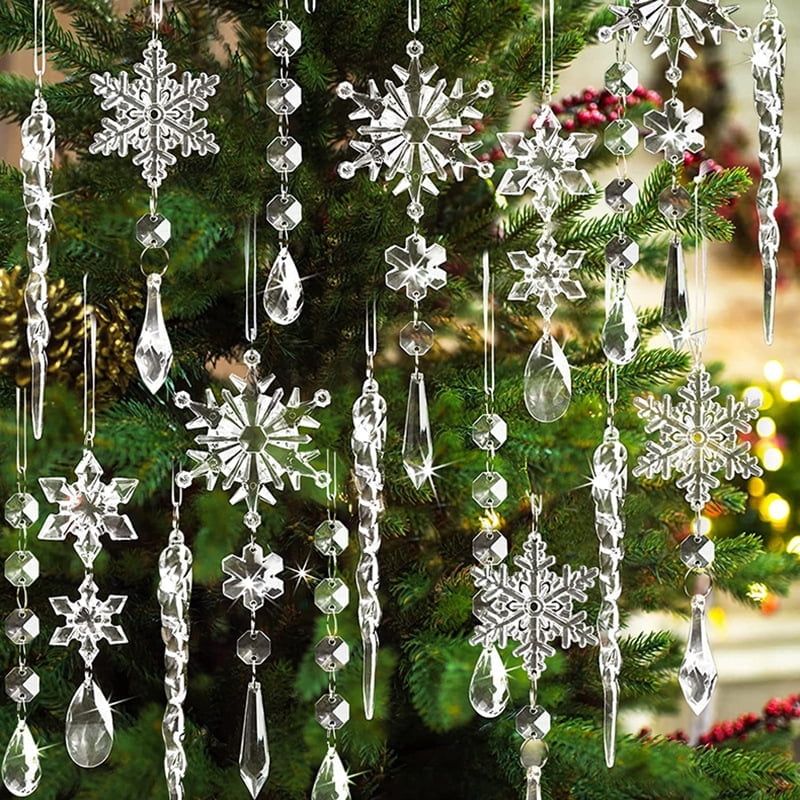 Crystal-Clear Acrylic Snowflake and Icicle Ornament Set, 18 Pieces