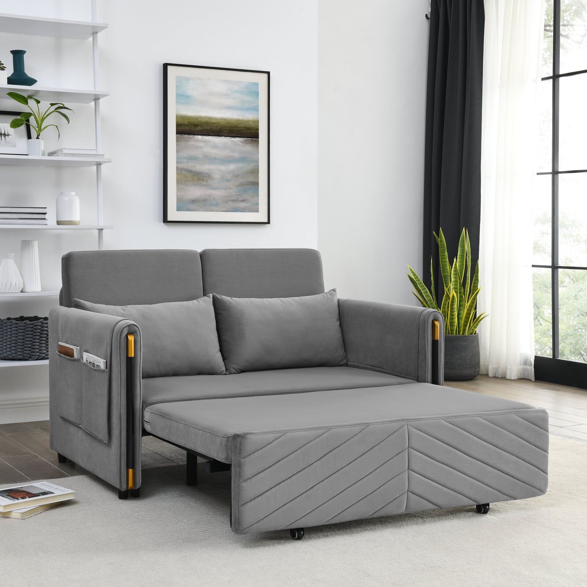 Gray Velvet Convertible Sleeper Sofa with Storage and Cushions