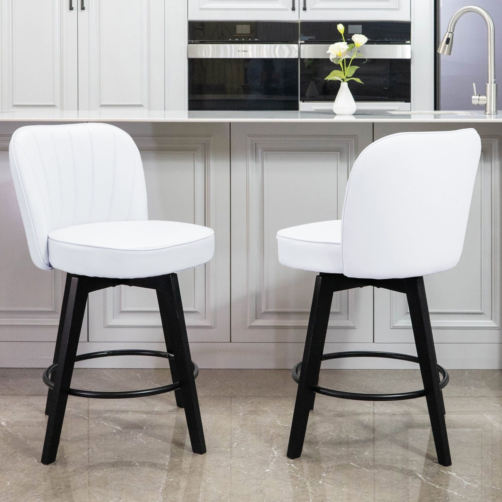 White Faux Leather Swivel Counter Height Bar Stools with Metal Frame, Set of 2