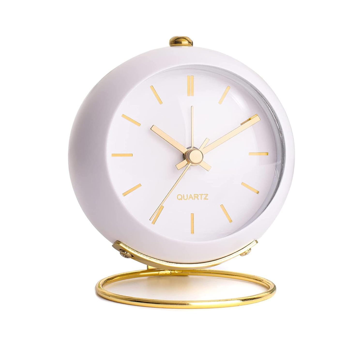 White and Gold Retro Analog Silent Alarm Clock for Kids