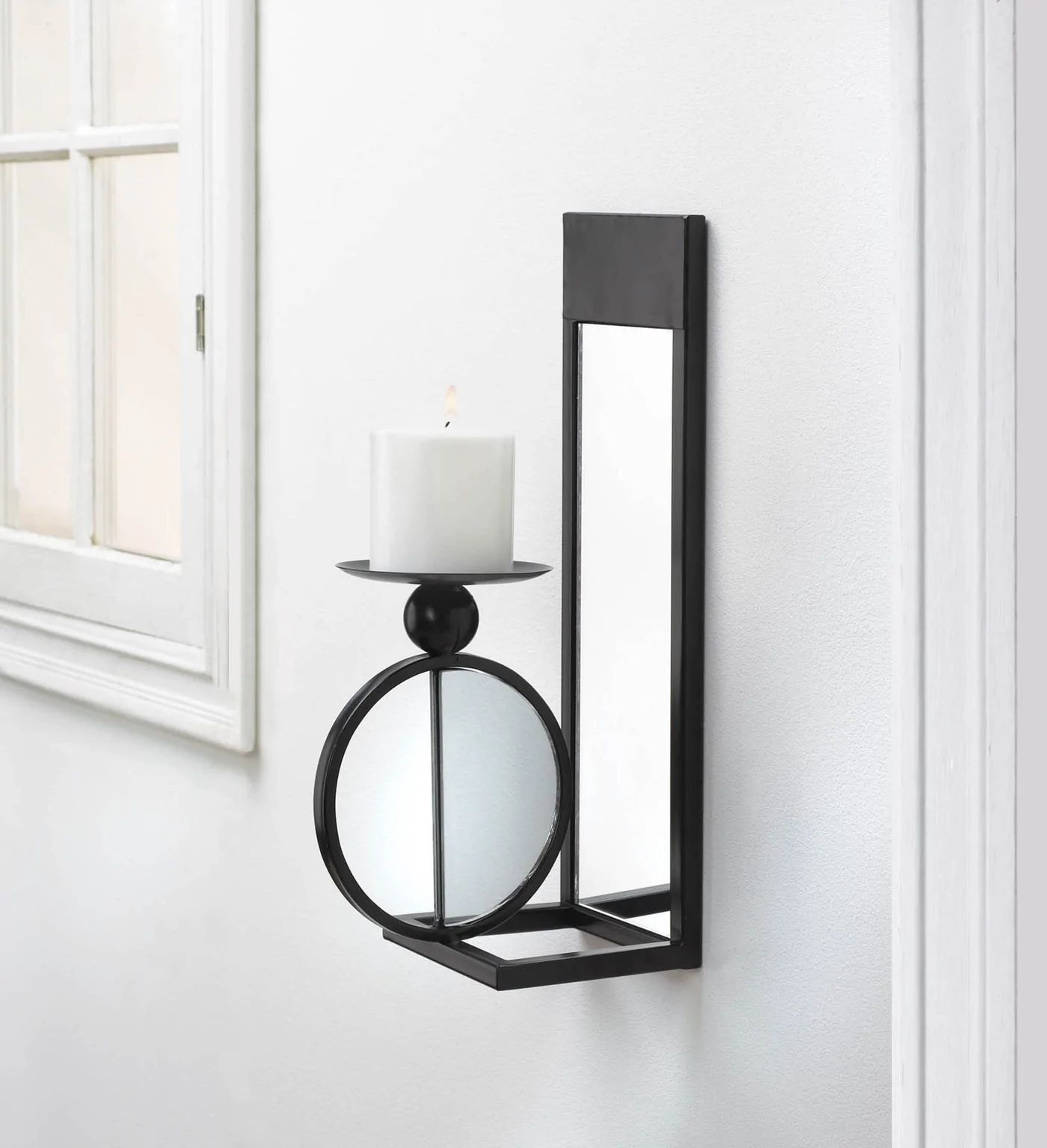 Sleek Industrial Black Iron and Glass Mirrored Wall Sconce