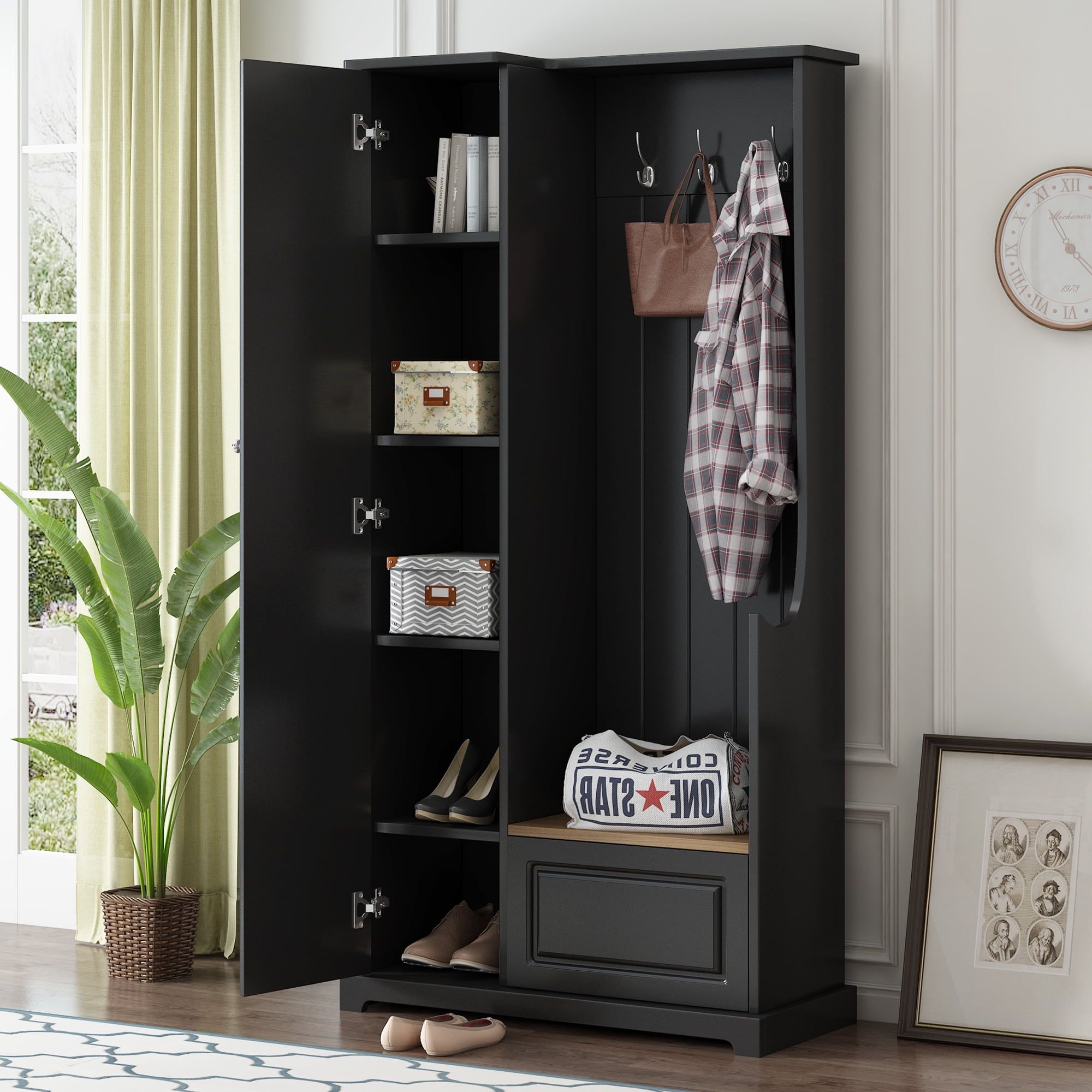 Black Modern Hall Tree with Flip-Up Bench and Storage