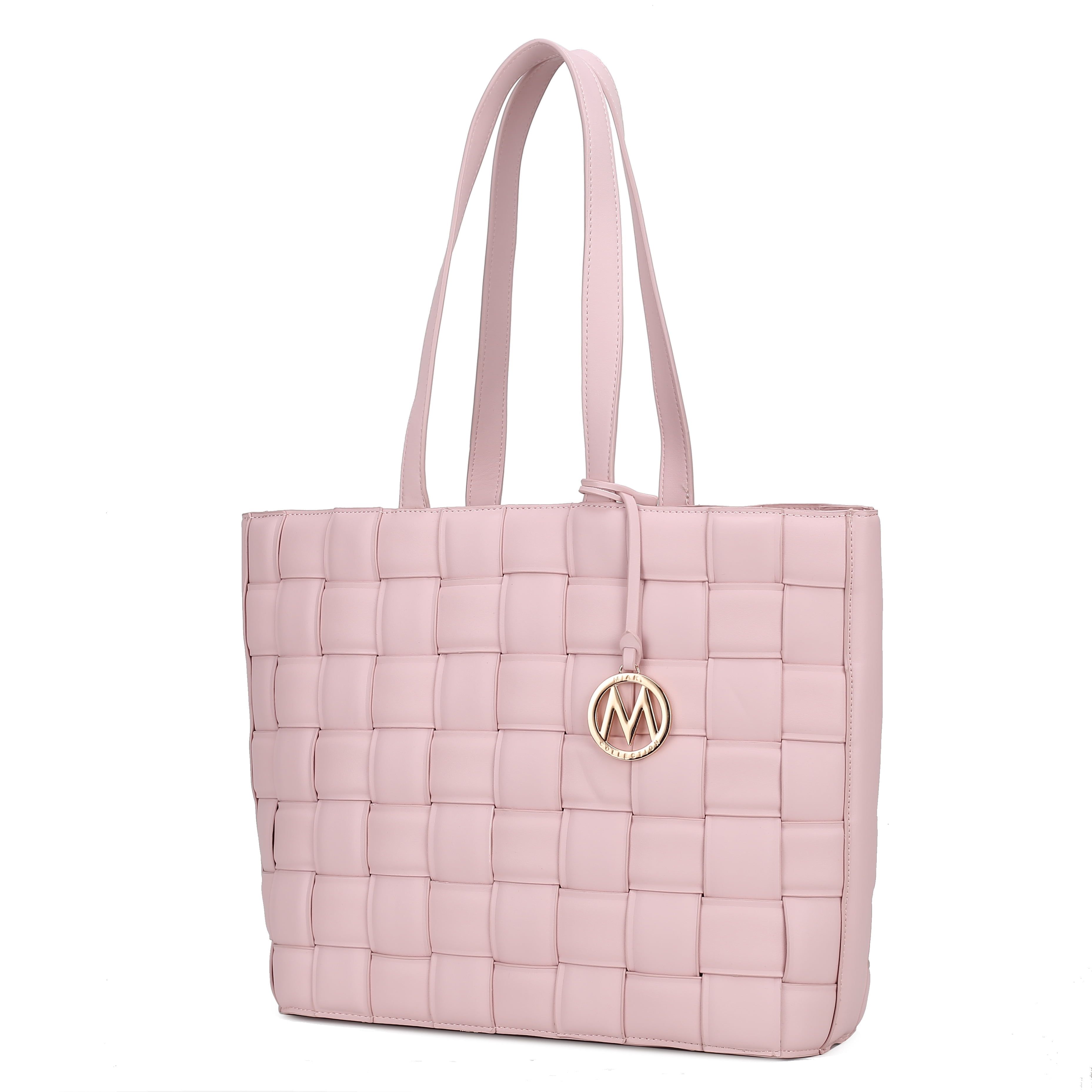 Pink Woven Faux Leather Crossbody Tote Bag