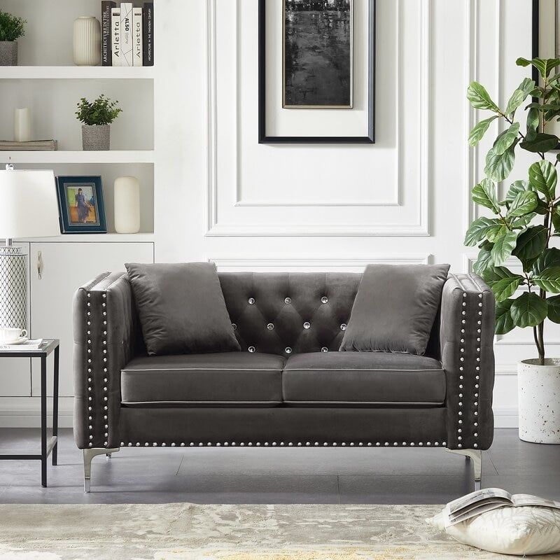 Dark Grey Velvet Tufted Sofa with Track Arms and Jeweled Buttons