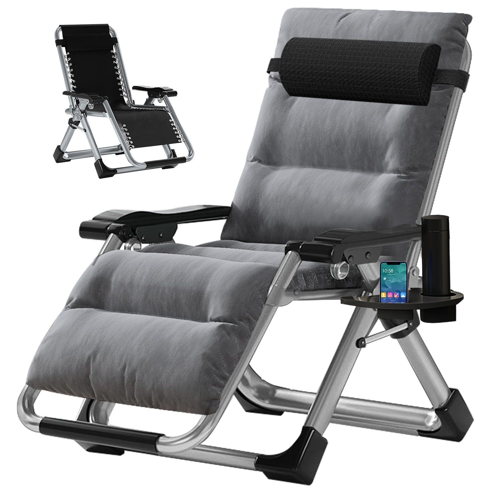 Gray Padded Steel Zero Gravity Recliner with Cushions