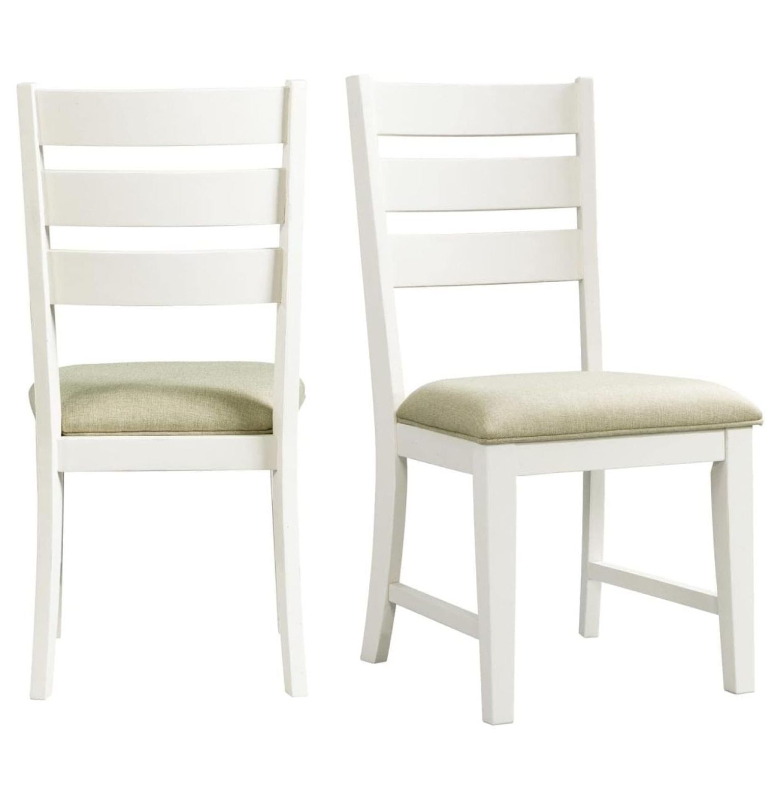 Farmhouse White Linen & Wood Ladder Back Side Chair Set