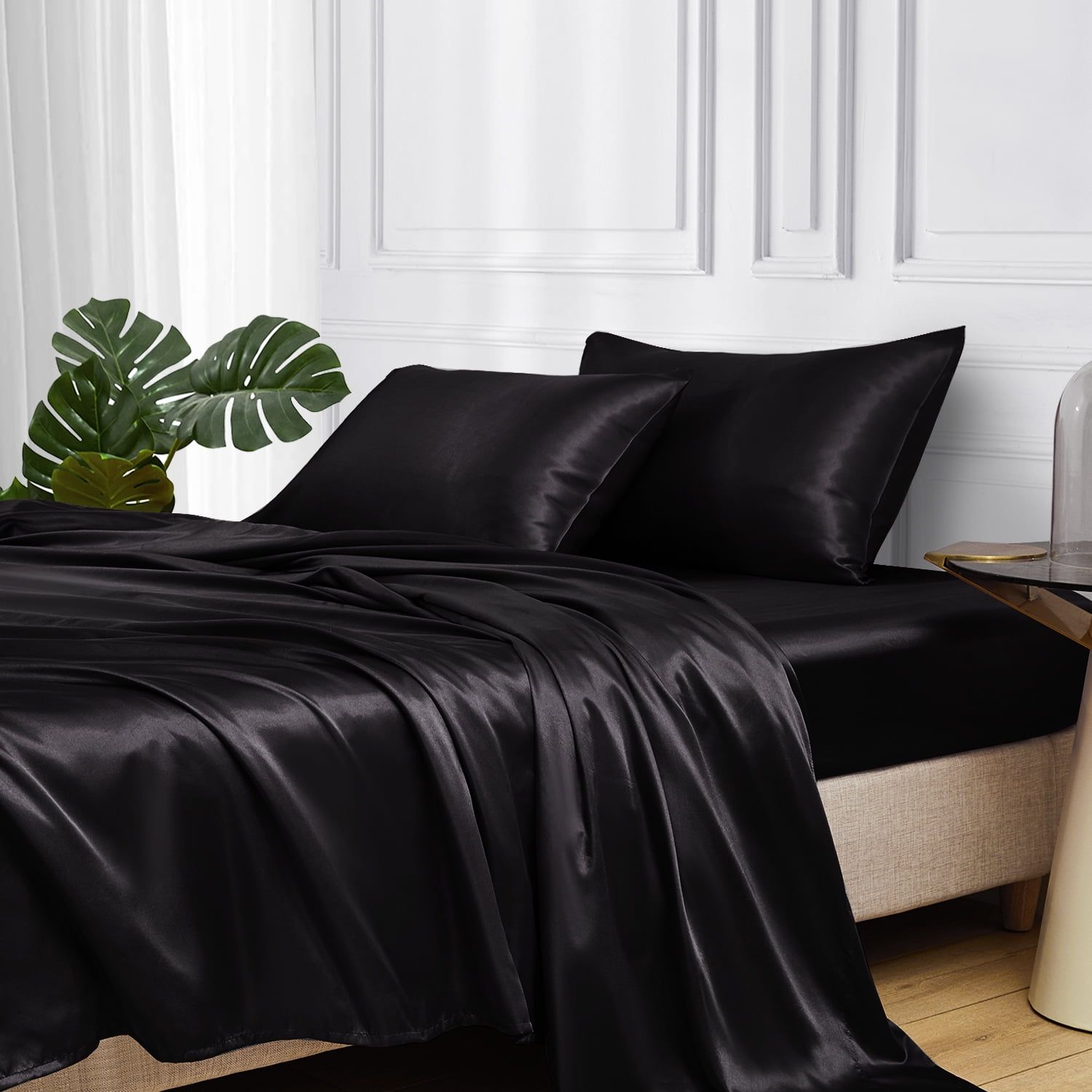 Luxurious Black Satin Full Deep Pocket Sheet Set