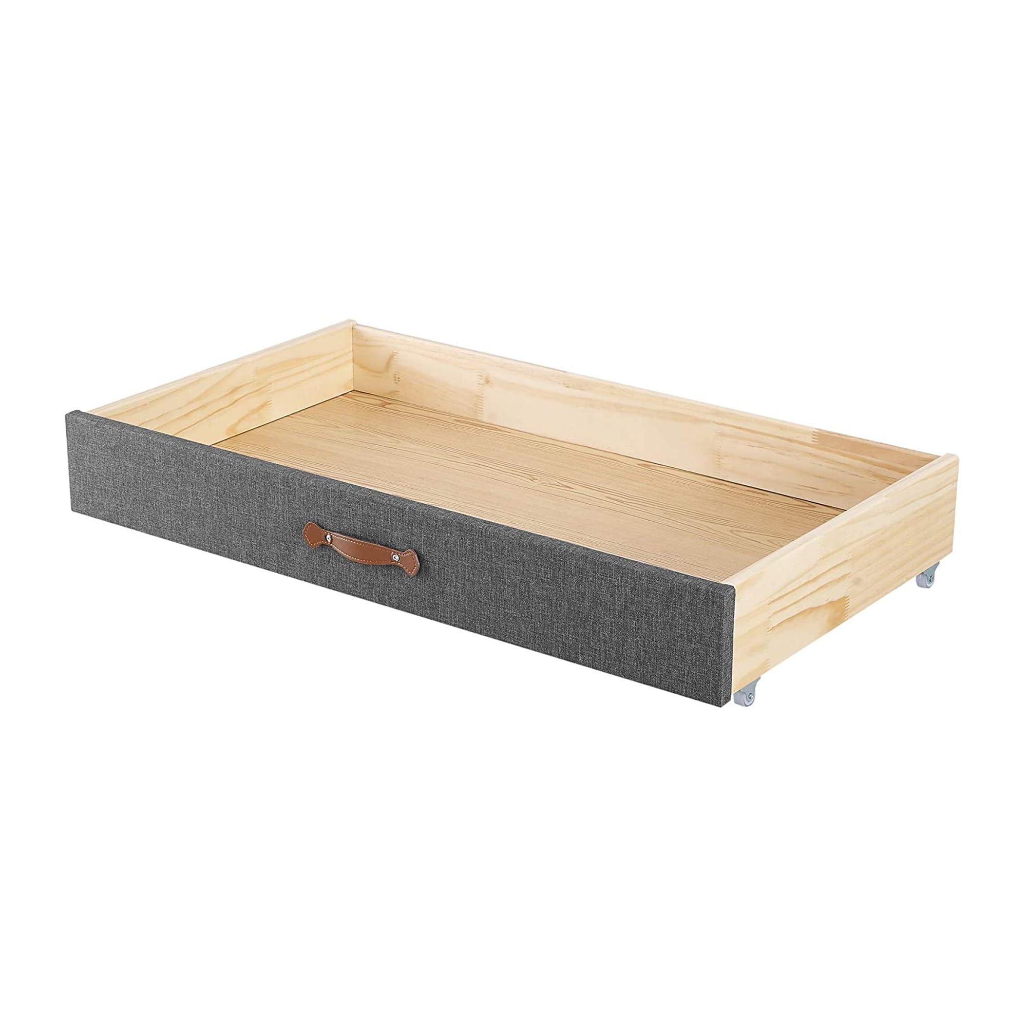 Gray Upholstered Wooden Under Bed Storage Drawer with Leather Handle